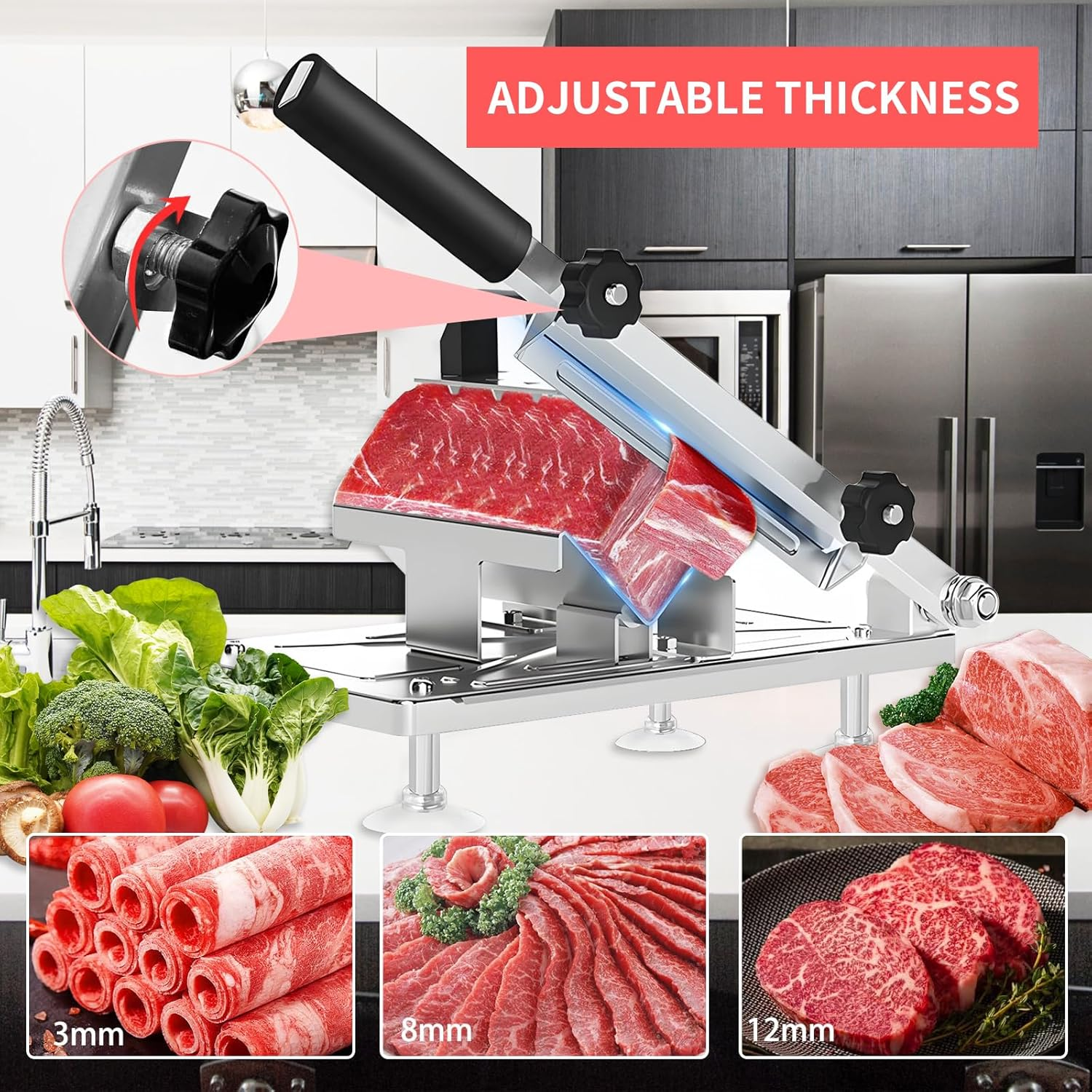 Manual Frozen Meat Slicer, Upgraded Stainless Steel Meat Cutter for Beef Mutton Bacon Home Food Slicing Machine for Hot Pot BBQ Sandwiches Pizza image number 3