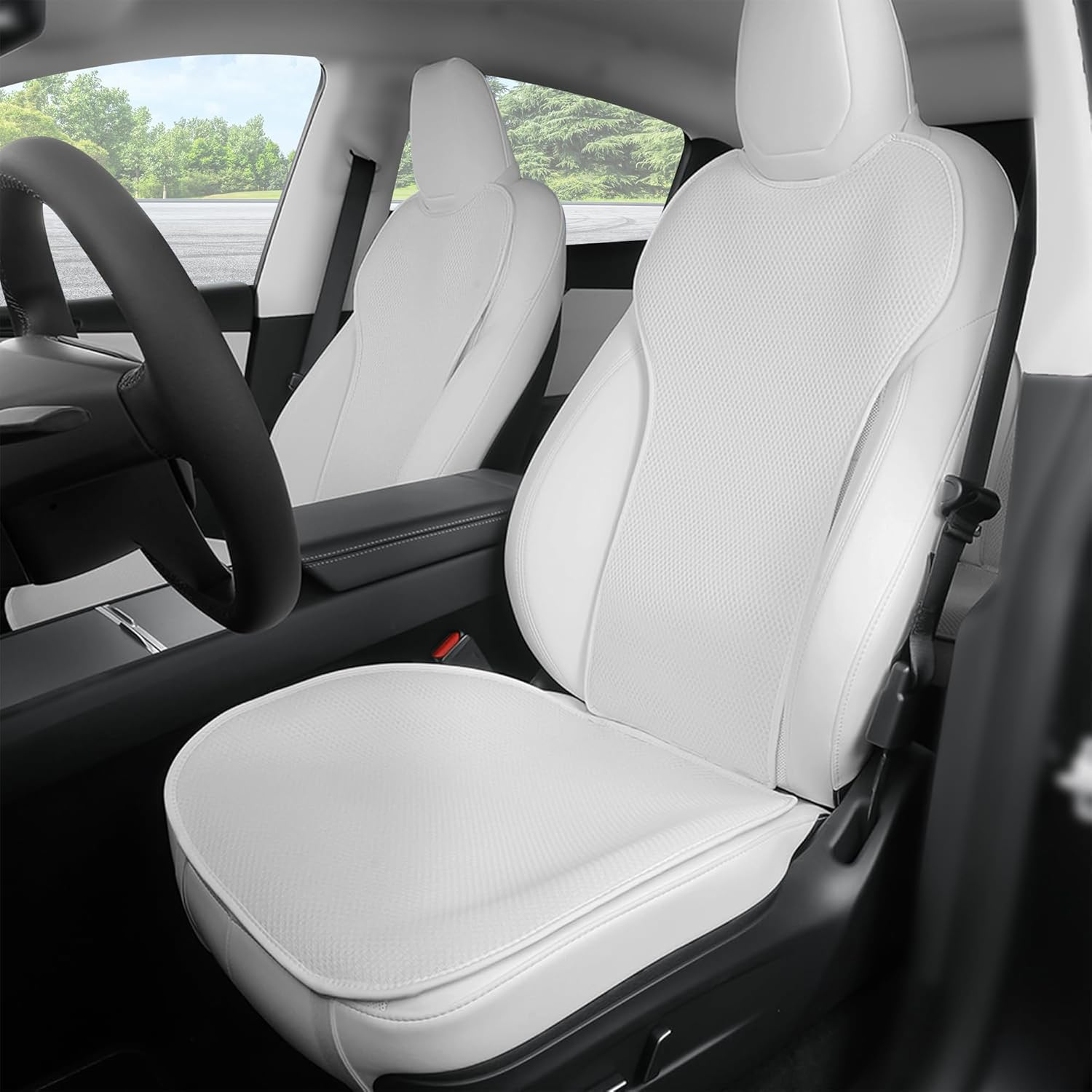 Car Seat Covers Sets for Tesla Model Y Juniper/Model 3 Highland, Ice Silk Front Bottom Seat Protectors Back Cushion, Anti-Slip Breathable Cooling Pad for Model Y/3 Accessories 2017-2026 (White)