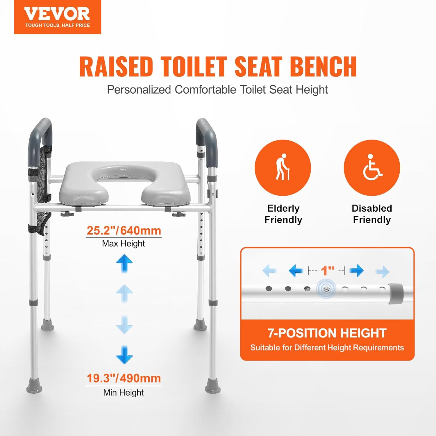 VEVOR Raised Toilet Seat, 7-Position Height Adjustment 655-805 Mm, 158.7 Kg Weight Capacity, with Comfort Padded Aluminum Frame, Universal Toilet Seat Riser, for Elderly, Handicap, Pregnant, Medical image number 3