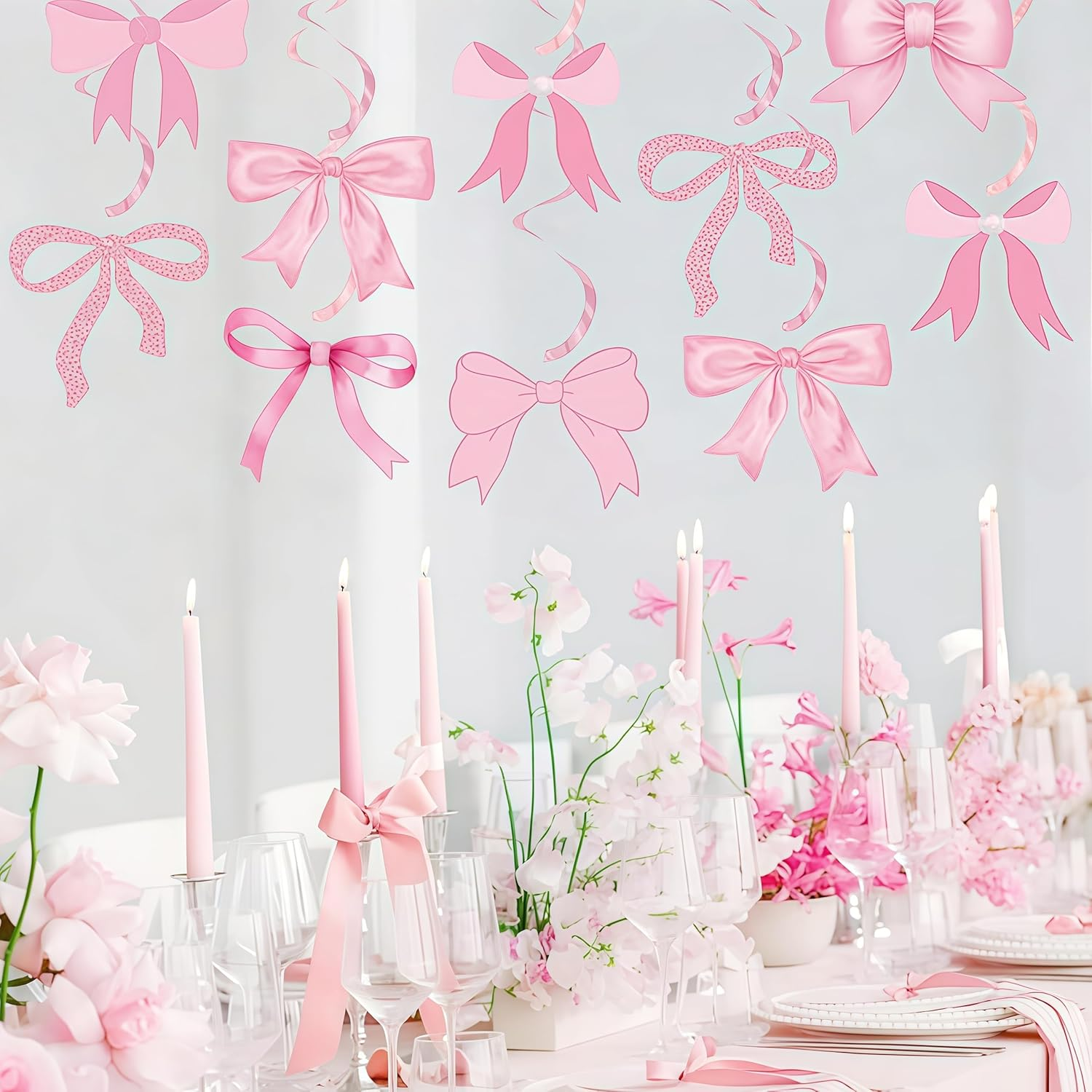 Pink Bow Party Decor,20 Piece Decorations Garland Banner Hanging Swirls Set,For Girls Bow Birthday Decorations, Bow Party Decor,Bridal Shower Party Supplies image number 2