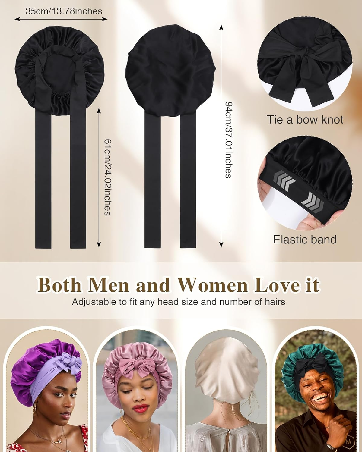 Silk Bonnet for Sleeping 100% Mulberry Women Double Layer Silk Sleep Cap with Adjustable Elastic Band Silk Hair Wrap - Champagne+Off-White image number 5