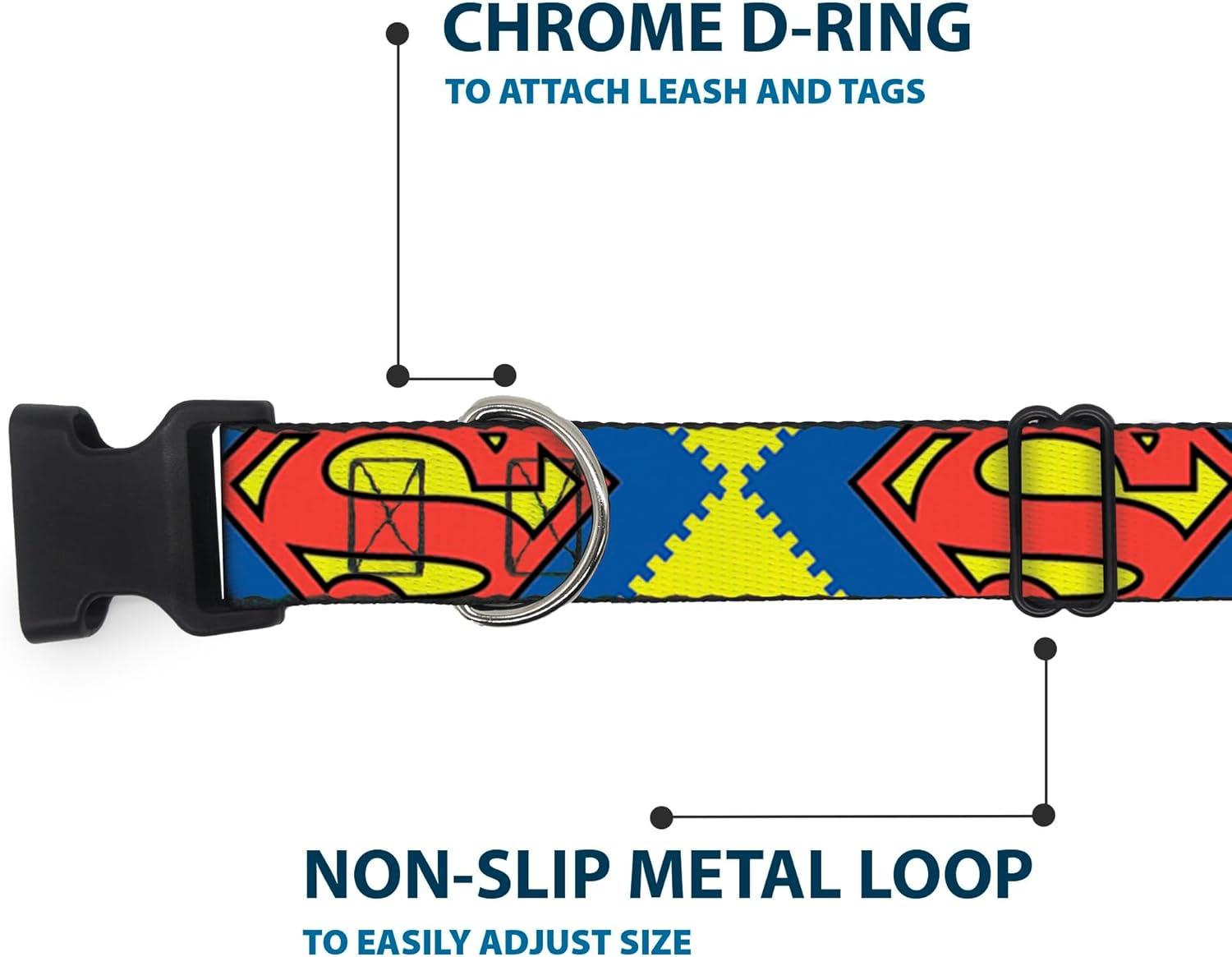 Buckle-Down Plastic Clip Dog Collar, Jagged Superman Shield Close-Up Yellow/Blue/Red, 6 to 9 Neck Size X 0.5 Inch Width image number 5