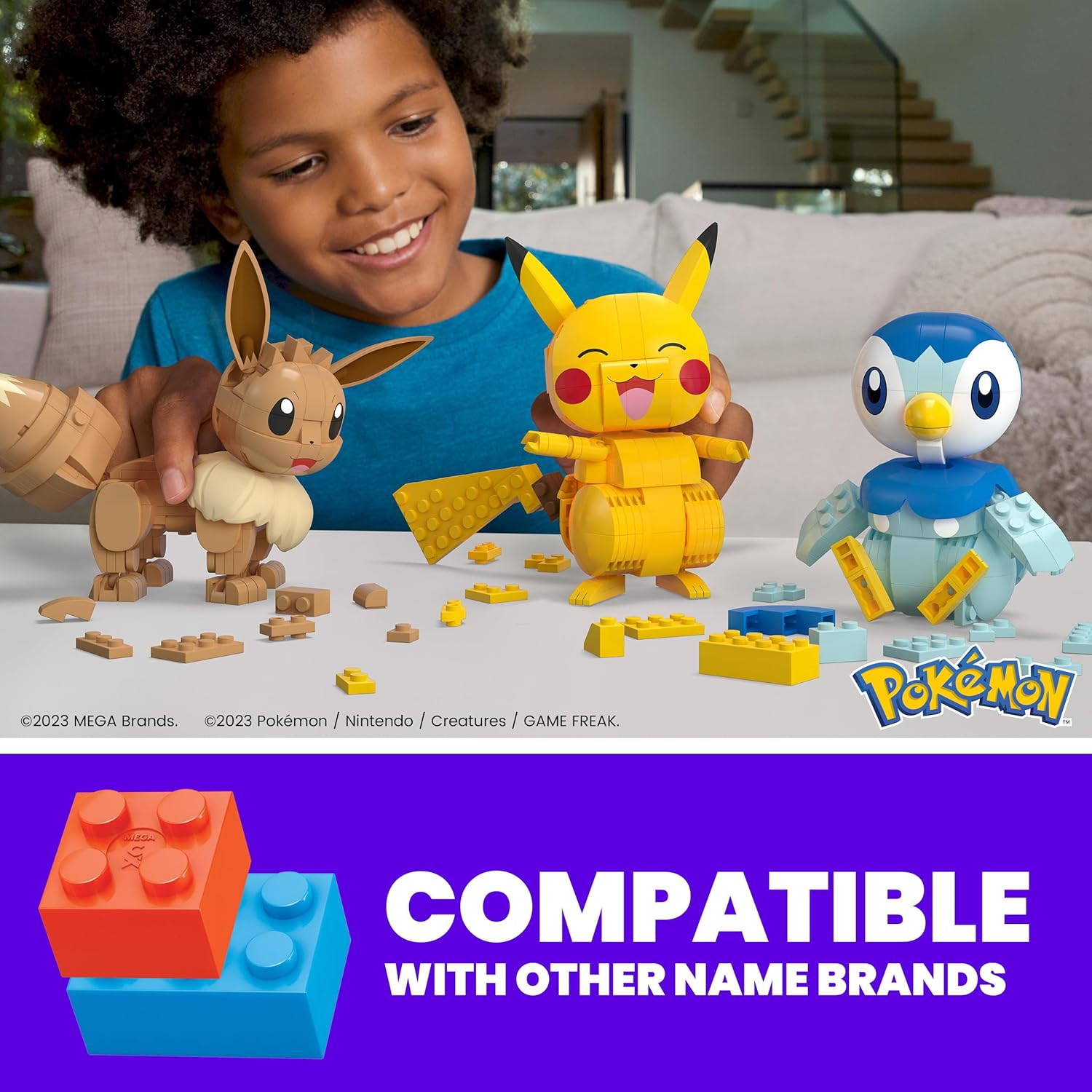 MEGA Pokemon Action Figure Building Toys, Build & Show Trio with 583 Pieces, Buildable and Poseable Pikachu Piplup Eevee, for Kids image number 2