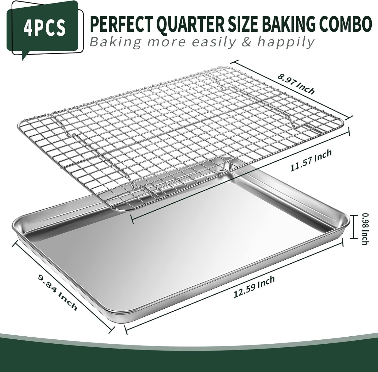 Quarter Sheet Pan with Cooling Rack Set [2 Baking Sheets + 2 Baking Racks], Stainless Steel Cookie Sheets for Baking and Wire Rack - Rust & Warp Resistant & Nonstick, Size 12 X 9.8 X 1 Inch image number 4