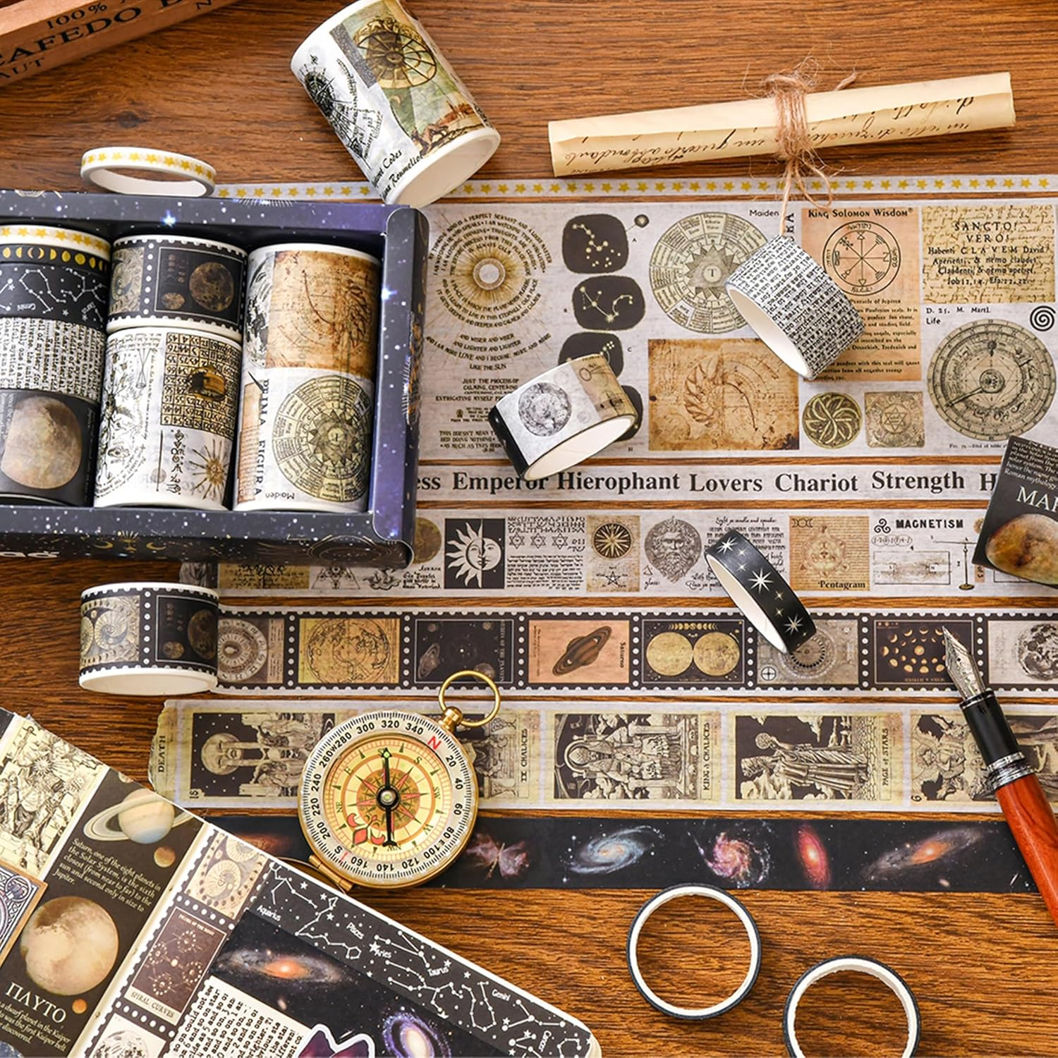 KAVI' S 18 Rolls Vintage Washi Tape Pack Retro Arts Adhesive Tapes Wide Monologue Decorative Masking Tape Sets for Craft, Kids, Scrapbook, DIY, Gift Wrapping (Universe Milky Way) image number 2