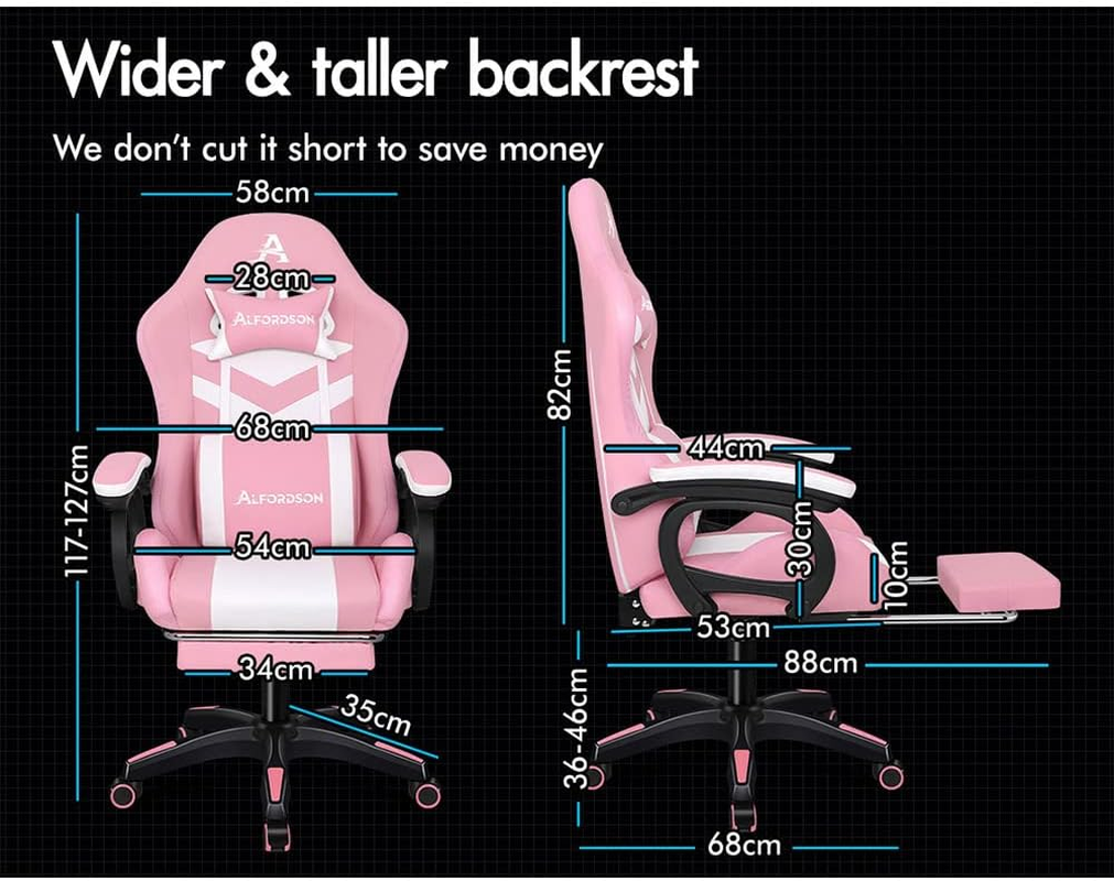 ALFORDSON Gaming Office Chair with 12 RGB LED Lights & 8 Point Massage, Racing Computer Chair with Lumbar Support & Retractable Footrest, Ergonomic Desk Chair with PU Leather Seat Office Gamer (Pink) - Marc Fabric Grey image number 7