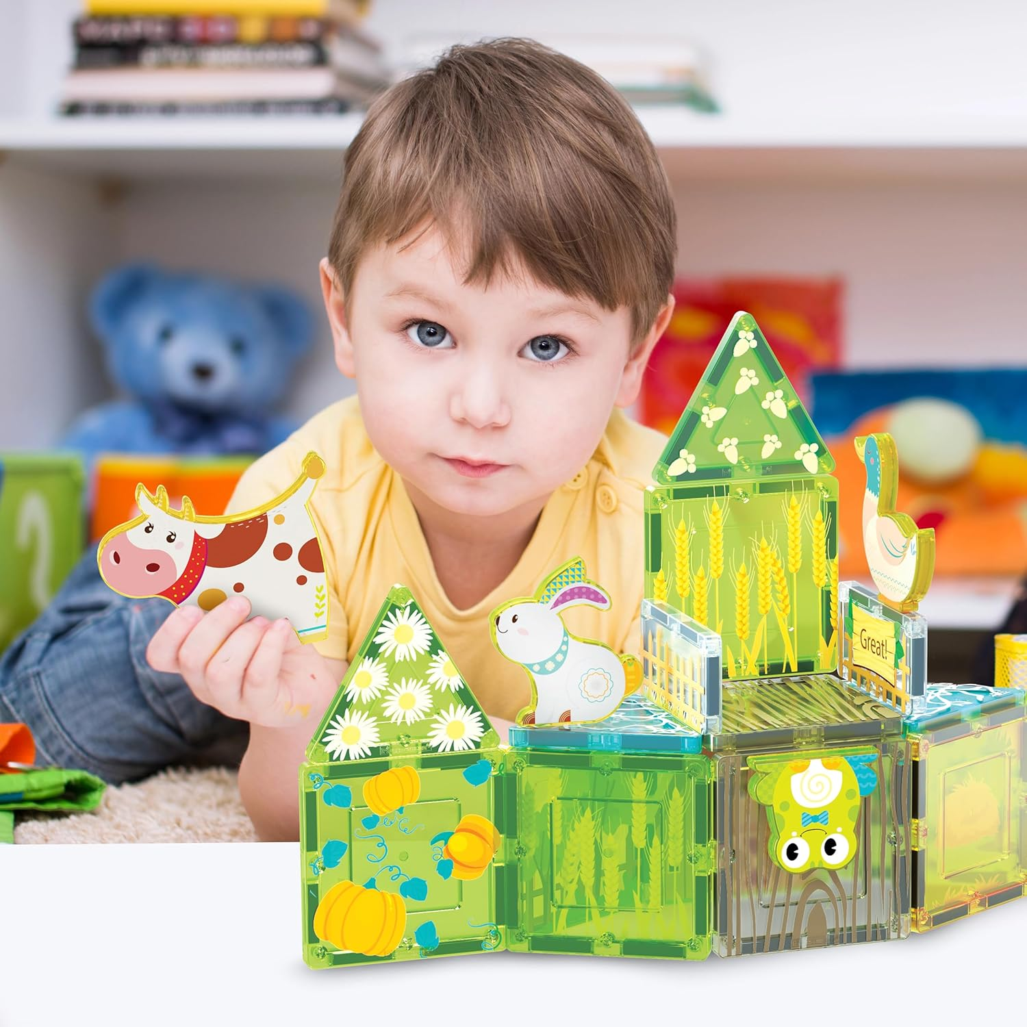 Picassotiles 26Pcs Magnetic Tiles Magnet Tile Building Blocks Printed Fall Farm Themed Animal Toy Set with 8 Farmyard Animals Character Action Figures STEM Learning Playset for Kids, Ages 3+ PTQ27 image number 2