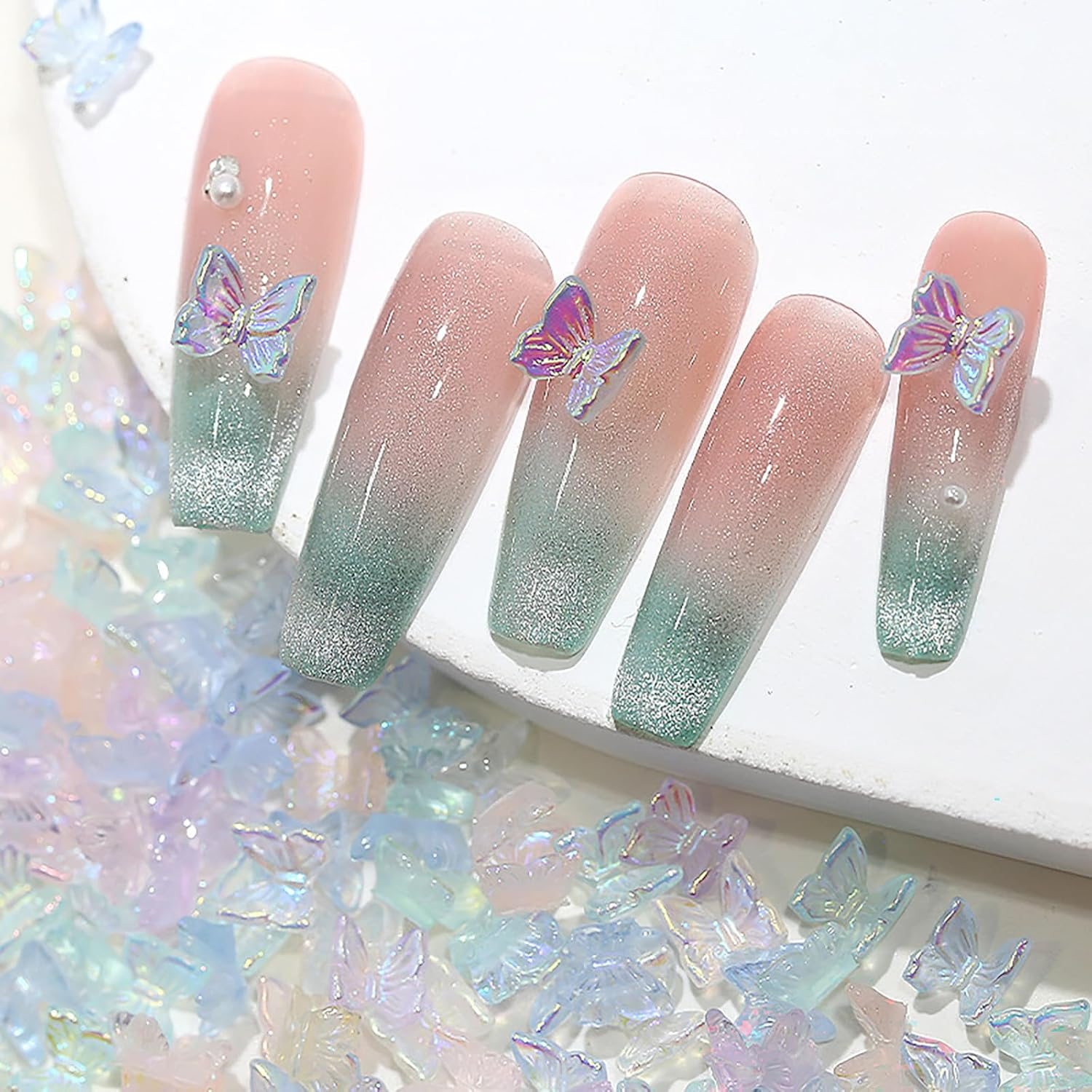 Taoluwin 100Pcs Nail Art Rhinestones, 6Mm 3D Iridescent Resin Butterfly Gems, Rhinestones for Nail Charms, Crafts & Jewelry Making, 7 Mixed Colors image number 4