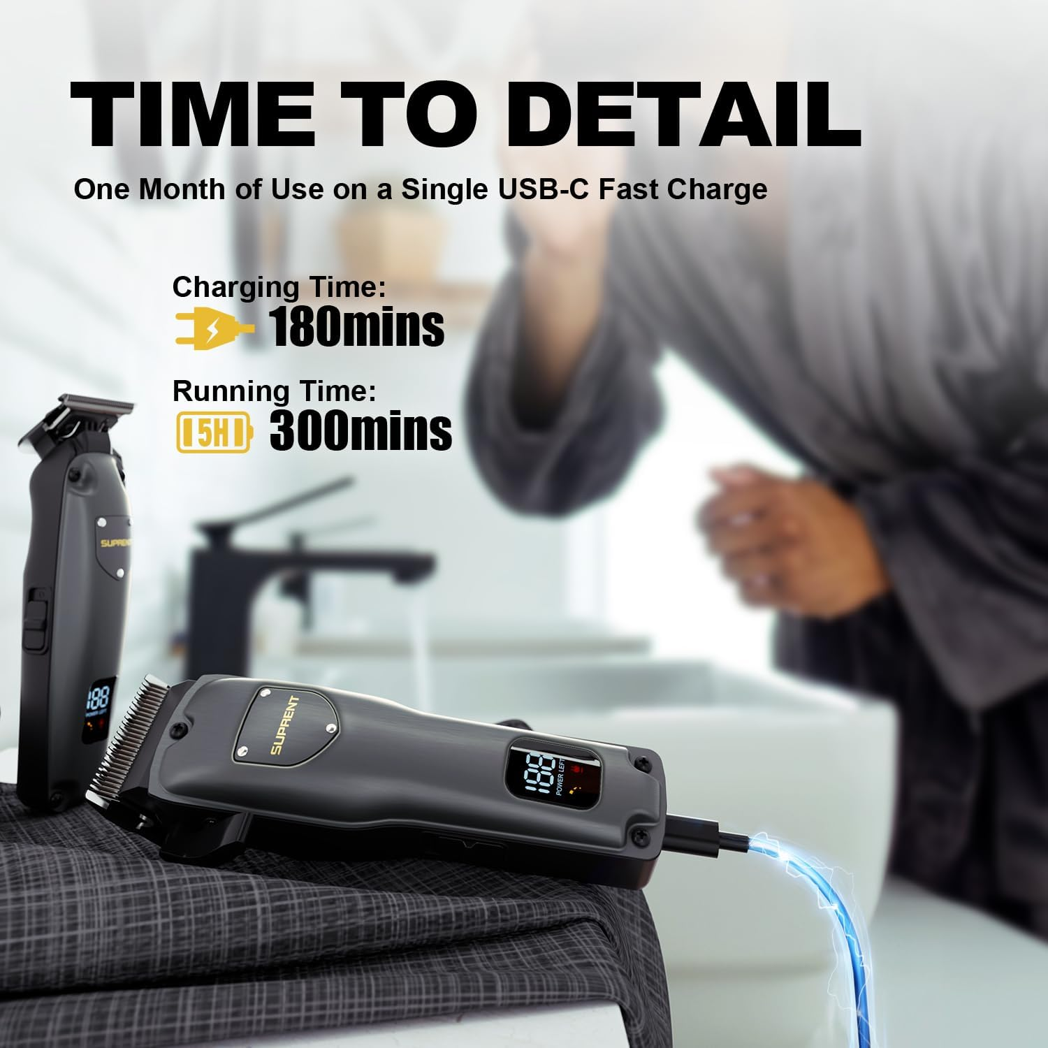 SUPRENT Pro Hair Clippers for Men, Rechargeable Cordless USB-C Clippers for Hair Cutting, Mens Hair Clippers & Trimmer Kit with LED Display for Barbers & Home Use (Gray)