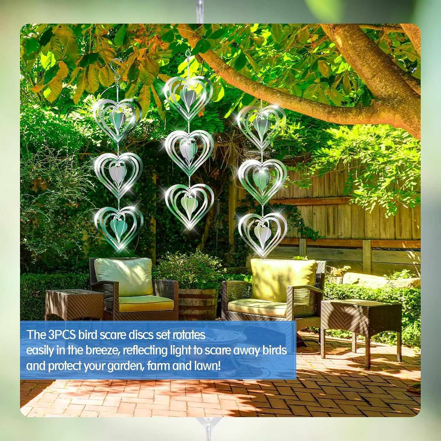 Stainless Steel Wind Spinner,3D Silver Indoor Outdoor Garden Decoration Crafts Ornaments,Metal Wind Chimes for outside Decor,Decorations to Scare Away Yard Birds (3Pcs-Heart)