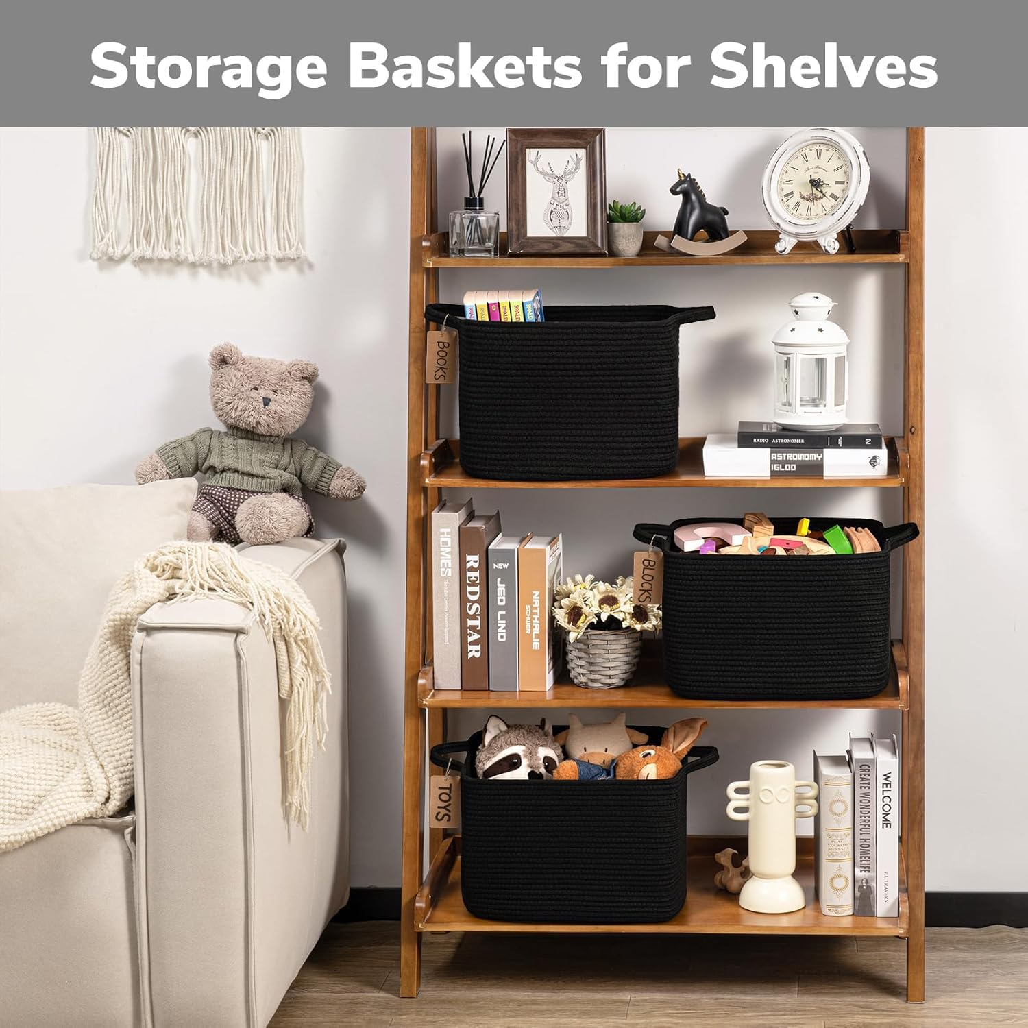 Storage Basket, Woven Baskets for Shelves, Cotton Rope Basket for Toys, Towel Baskets for Bedroom, 33 X 25 X 23Cm, 3 Pack, Black image number 4