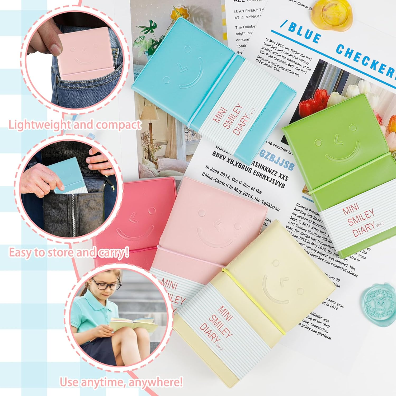 10 PCS Mini Pocket Notebooks, Small Smiley Diary Paper Notebook, 3X5 Inch Mixed Lined and Blank Paper Mini Order Notebooks with Elastic Closure and PU Leather Cover, 5 Colors image number 4