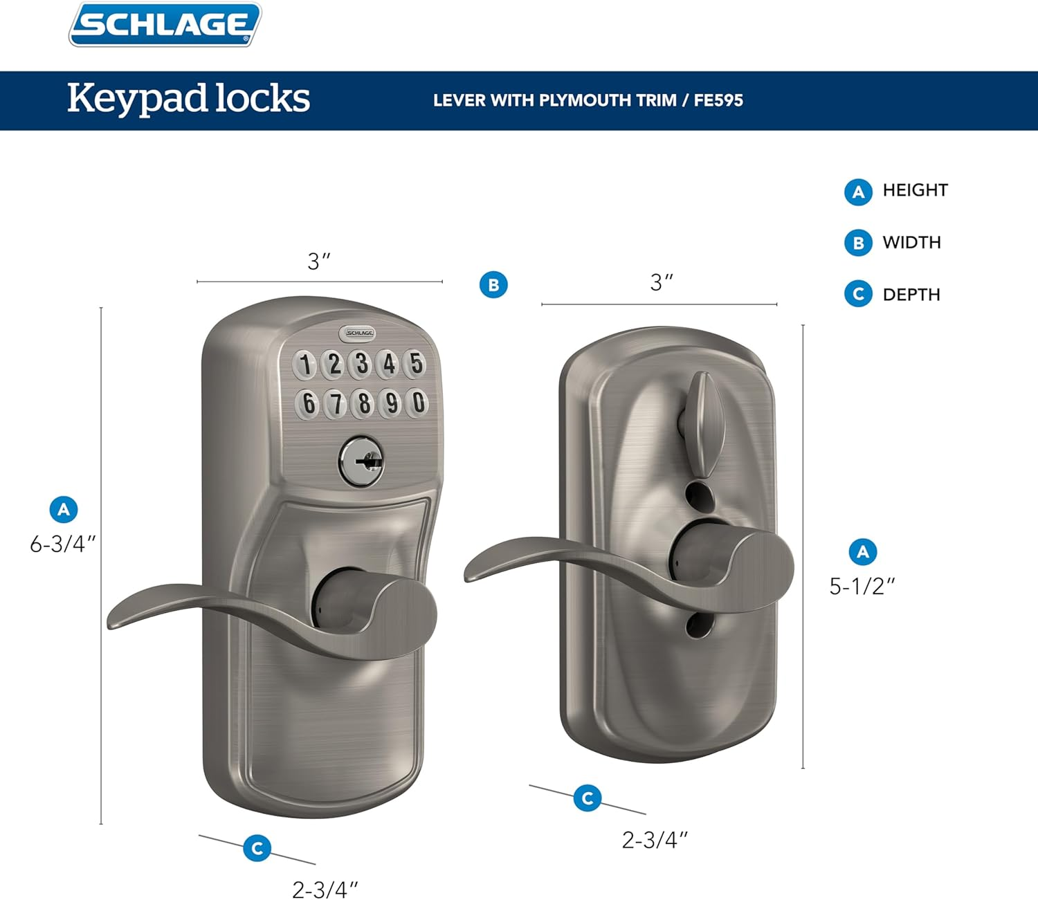 Schlage FE595 PLY 620 FLA Plymouth Keypad Entry with Flex-Lock and Flair Style Levers, Antique Pewter image number 4
