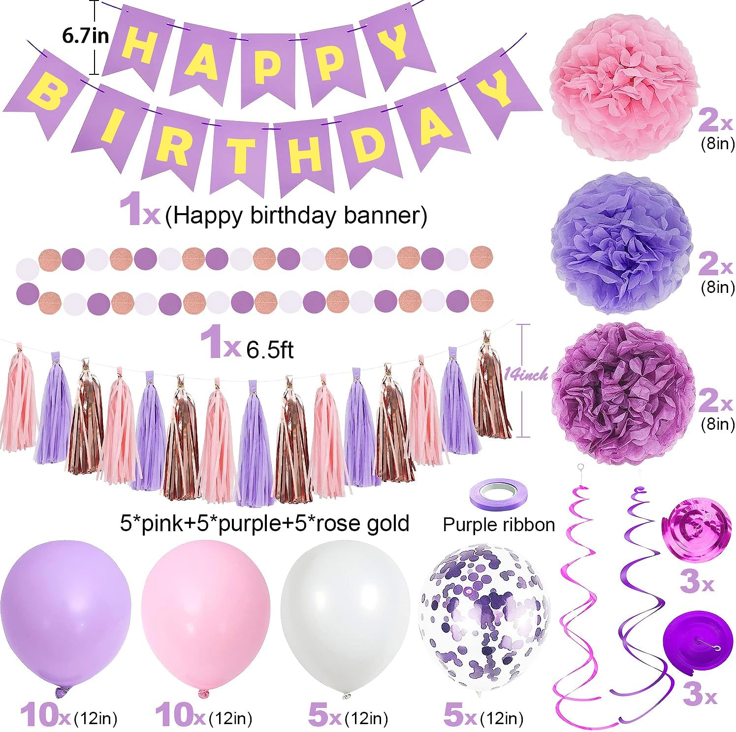 Pugkloy Purple Pink Birthday Party Decorations for Women Girls with Happy Birthday Banner,Hanging Swirls,Tissue Paper Pompoms,Circle Dots Garland,Tassel Garland Purple Birthday Balloons (Purple)