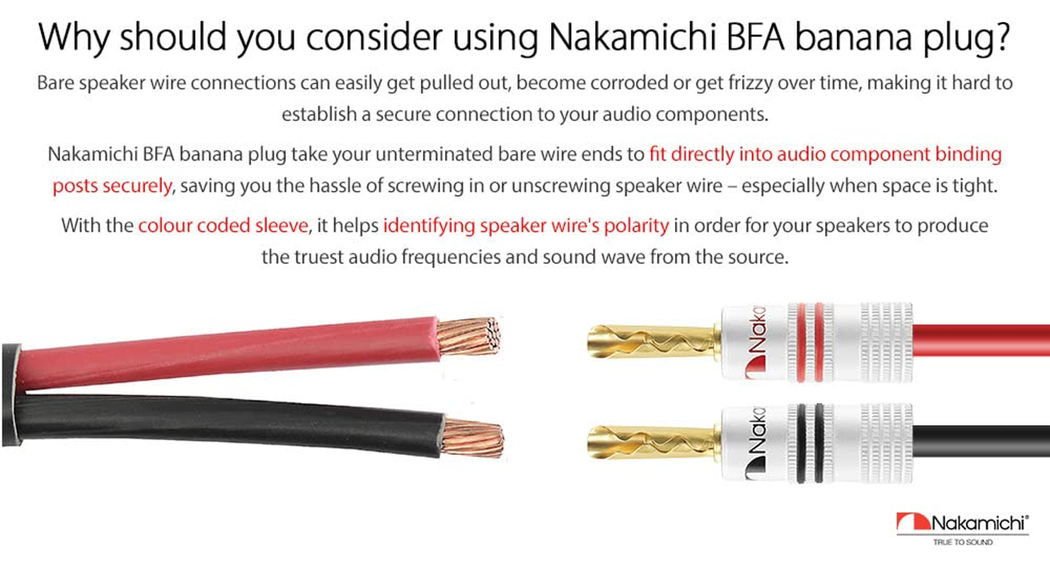 Nakamichi Excel Series 24K Gold Plated Banana Plug 12 AWG - 18 AWG Gauge Size 4Mm Speakers Amplifier Hi-Fi AV Stereo Home Theatre Audio Wire Cable Screw Connector (2 Pcs (1-Pair), BFA Plug) image number 1
