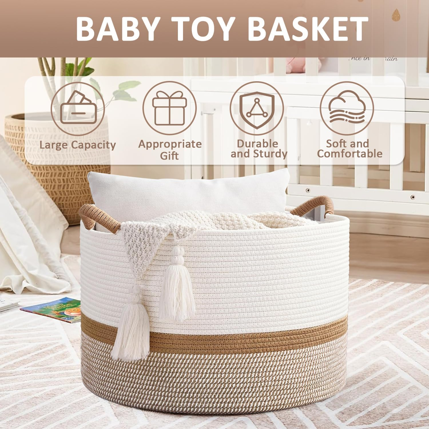 OWNKING Large Capacity Storage Baskets, Laundry Basket, Tall Woven Cotton Collapsible Laundry Hamper, Decorative Versatile Blanket Basket for Clothes, Blankets, Toys Storage & Organization, 20X20X13In image number 6