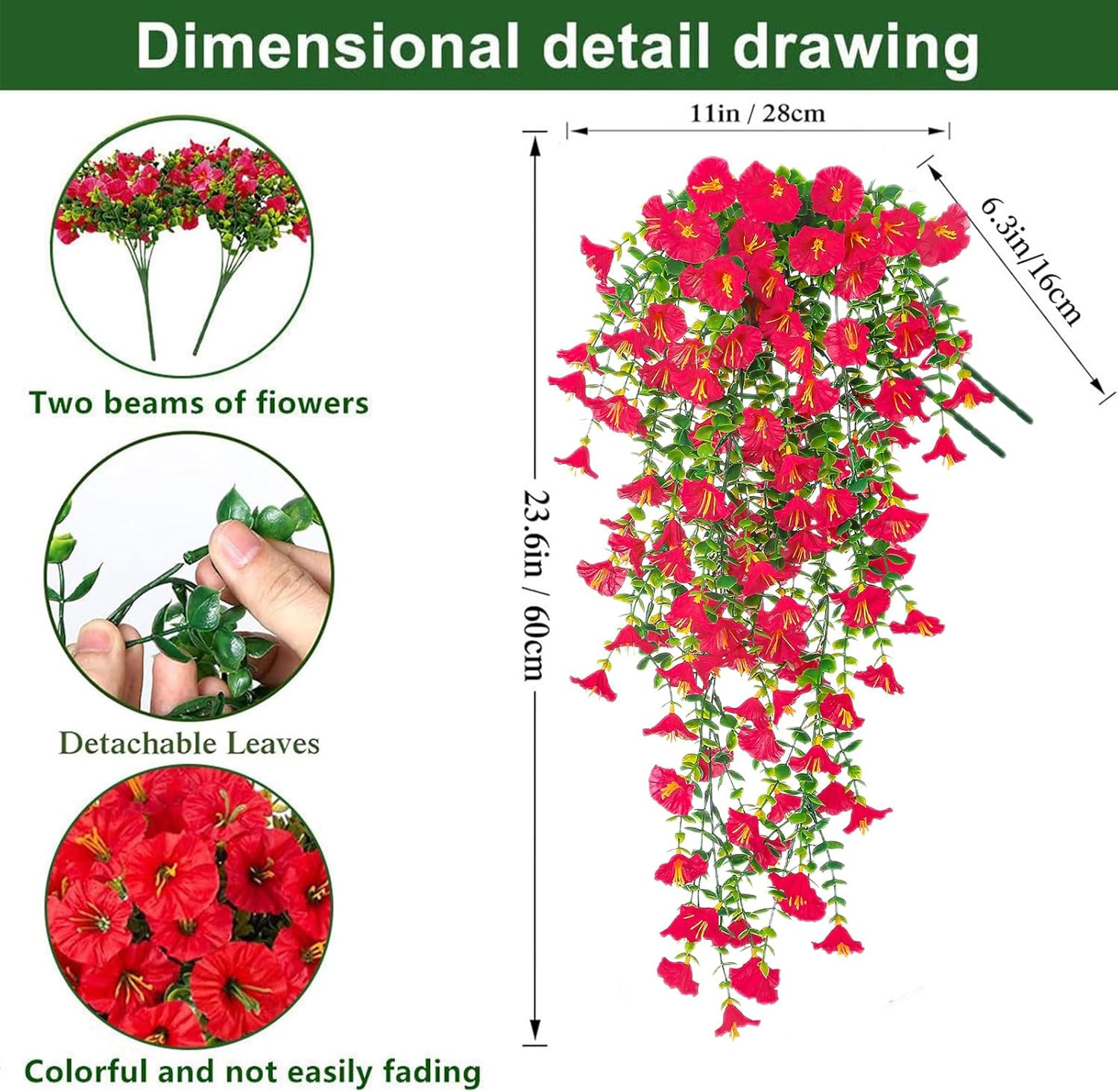 Yimingjin Artificial Fake Hanging Flowers Plants for Spring Decoration, 2PCS Silk Morning Glory Faux Flowers with Eucalyptus Leaves, UV Resistant Trailing Vines Outdoor Home Planter (Red) image number 1