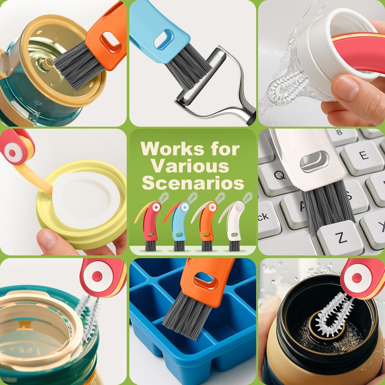 3 in 1 Cup Lid Cleaning Brush 4 Pack - Multifunctional Cleaning Brush Set for Tight Spaces, Bottle Gaps & Travel Mugs | Portable Durable Cup Lid Cleaner Tools with 4 Assorted Colors (Home Kitchen Use) image number 2