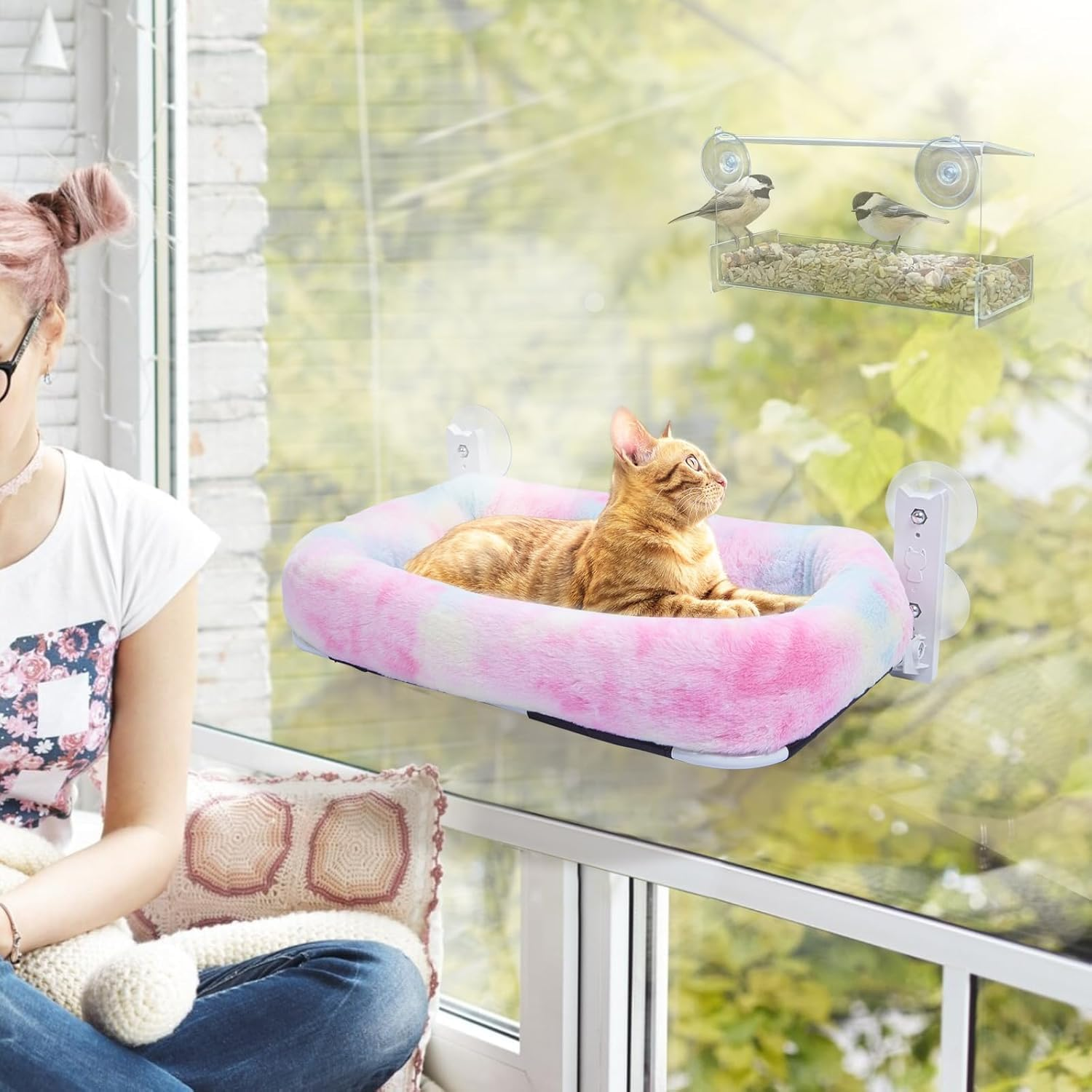 Cordless Cat Perch for Window,Foldable Cat Window Hammock with 4 Strong Suction Cups and Soft Bed,Embeded Machine Washable Padded Bed for Large Cats and Kittens image number 2