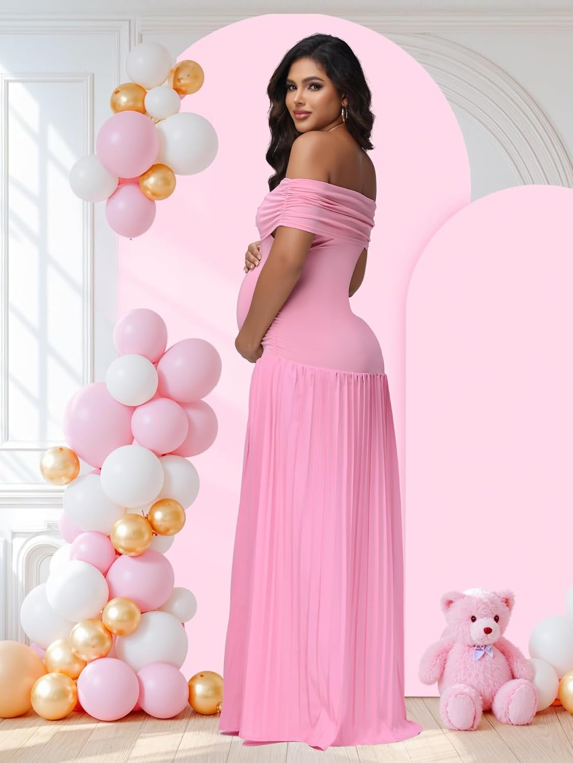 Justvh Women'S Maternity off Shoulder Baby Shower Dress Party Paneled Ruched Hem Maxi Photography Gown for Photoshoot image number 6