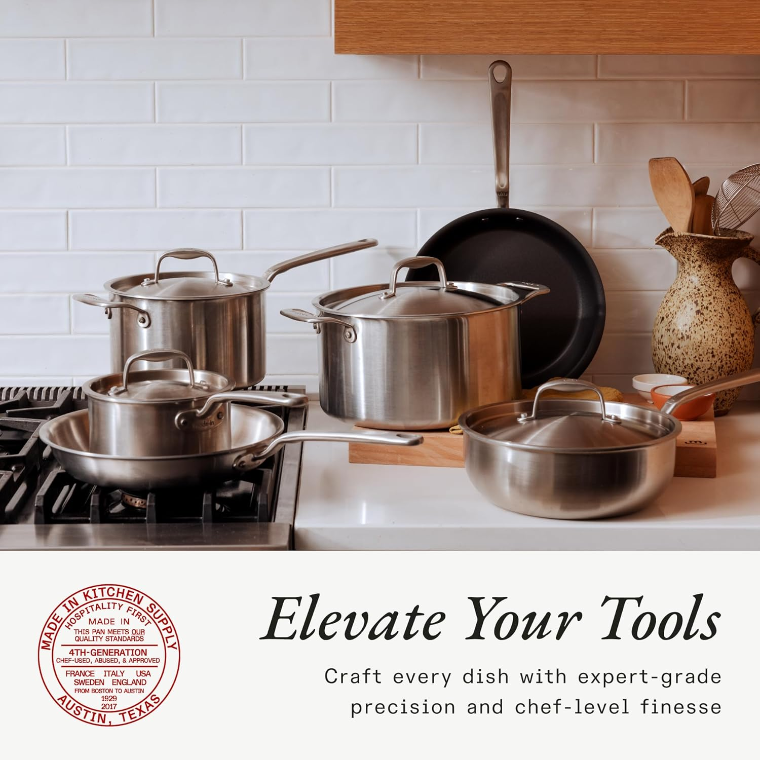 Made in Cookware - 10 Piece Stainless Steel Pot and Pan Set - 5 Ply Clad - Includes Stainless Steel Frying Pans, Saucepans, Saucier and Stock Pot W/Lid - Professional Cookware - Crafted in Italy