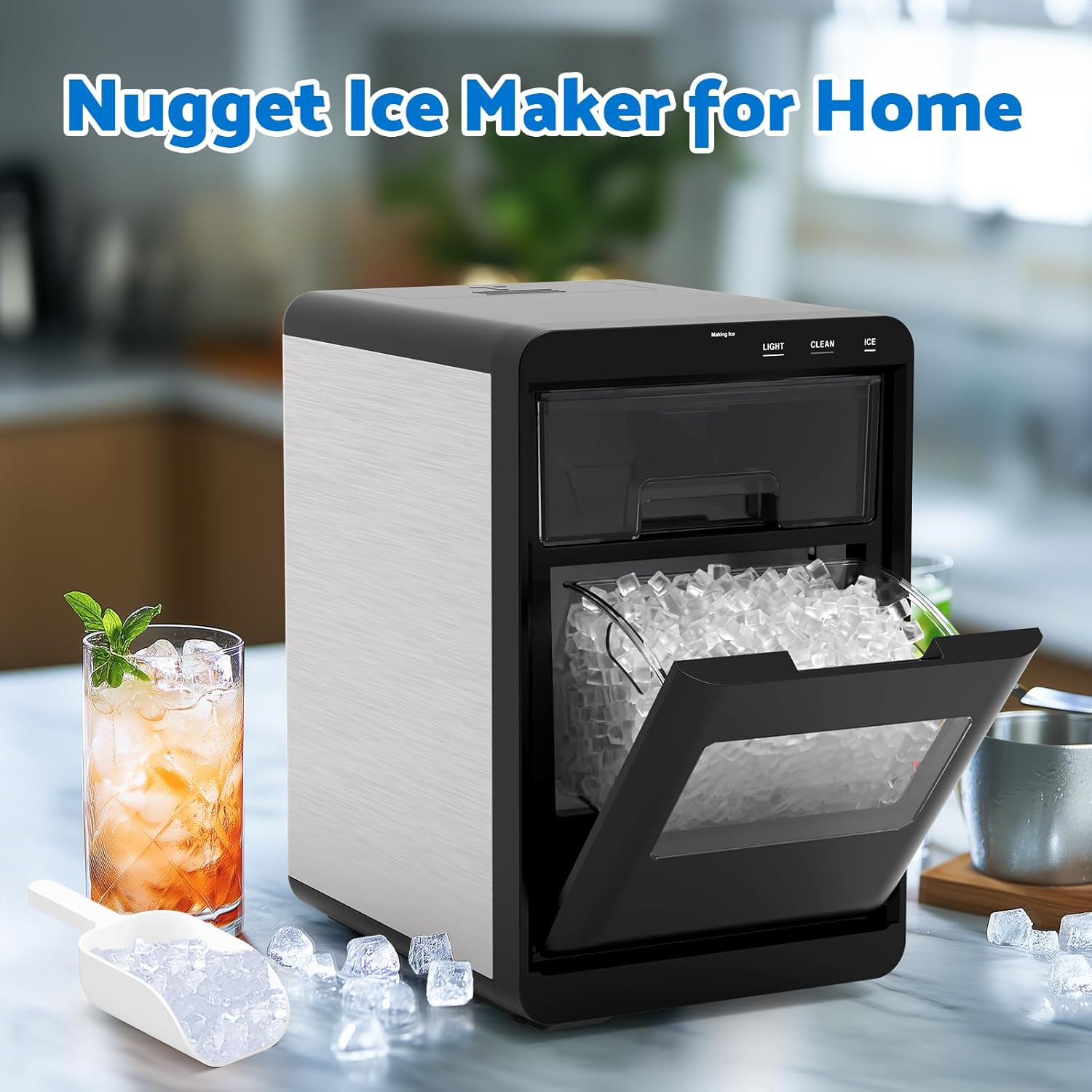 Advwin Nugget Ice Maker, Chewable Ice Machine with Soft Pebble, 20Kg/Day Countertop Ice Maker with 1.8L Water Tank, 1.2KG Ice Basket Kitchen Appliances for Home, Kitchen, Bar, Parties image number 4