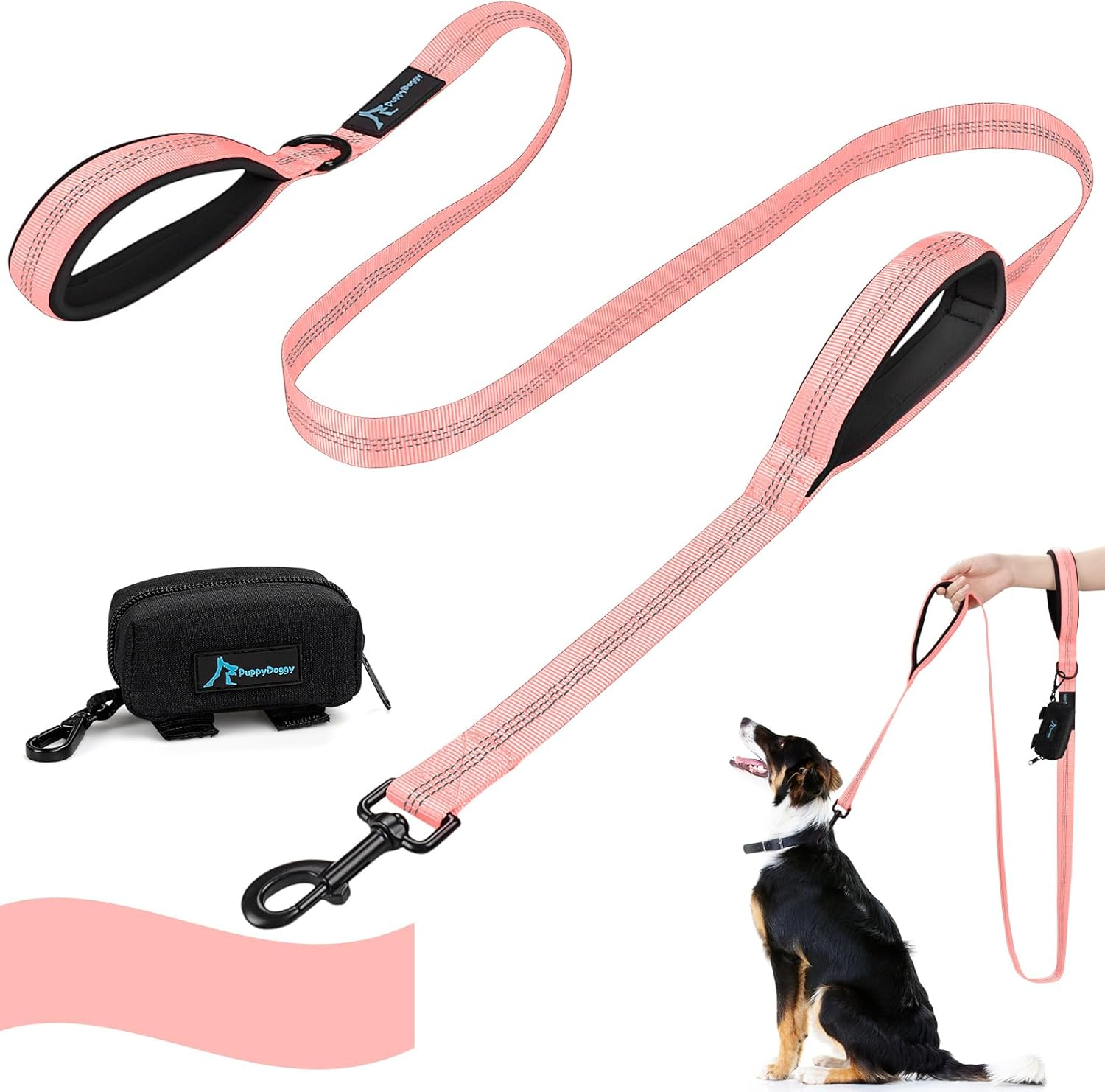 Puppydoggy Dog Leash for Small to Medium Dogs 6 Ft with 3 Reflective Stitching and 2 Traffic Padded Handles Dog Lead/Rope, Pet Leash for Running Walking Training ((6 Ft X 0.6 In) - Pink 1 Pack)