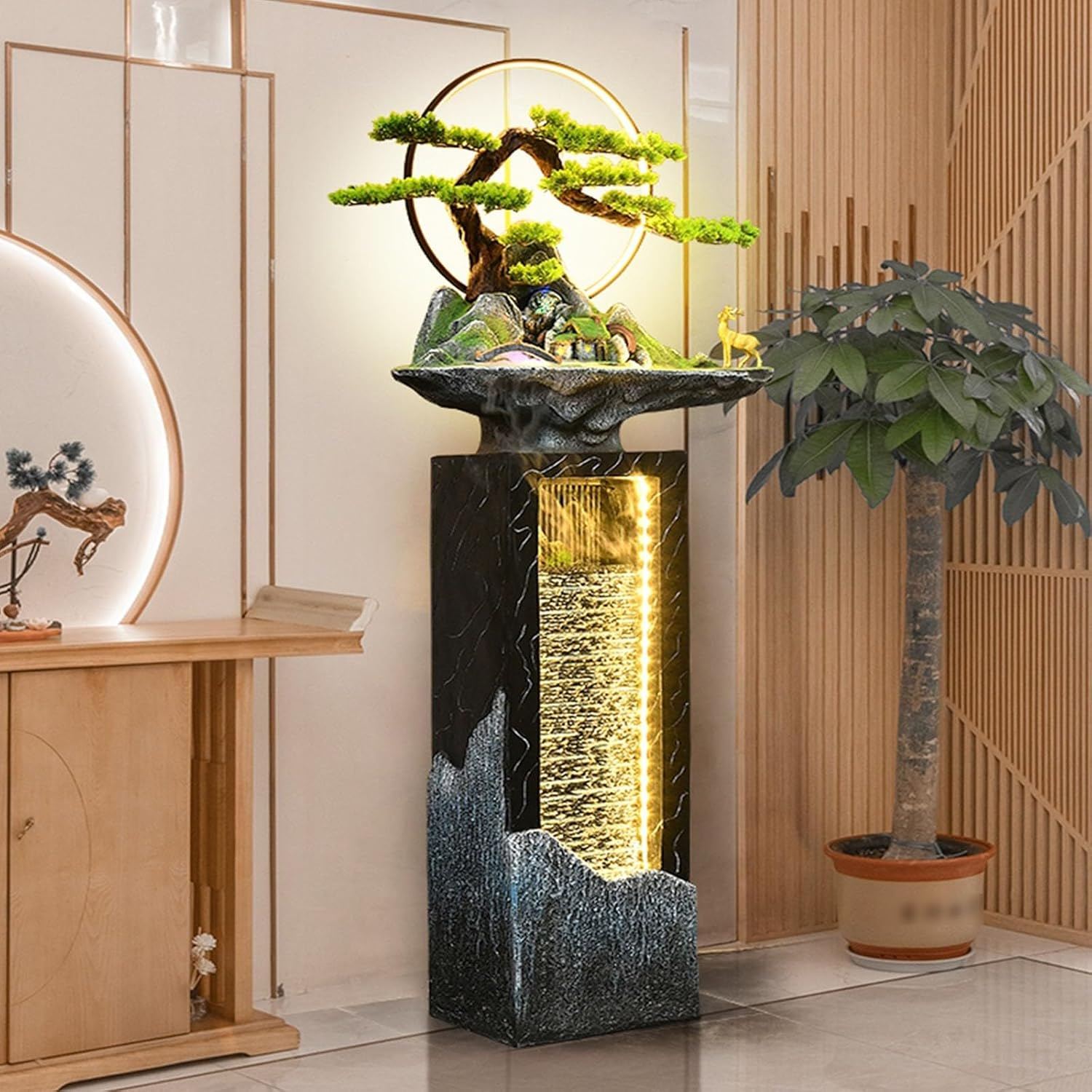 Outdoor Fountain Outdoor Water Fountains, Garden Fountain with LED Light and Simulated Pine Tree, for Courtyard, Park, Indoor and Home Decor(Medium) image number 6