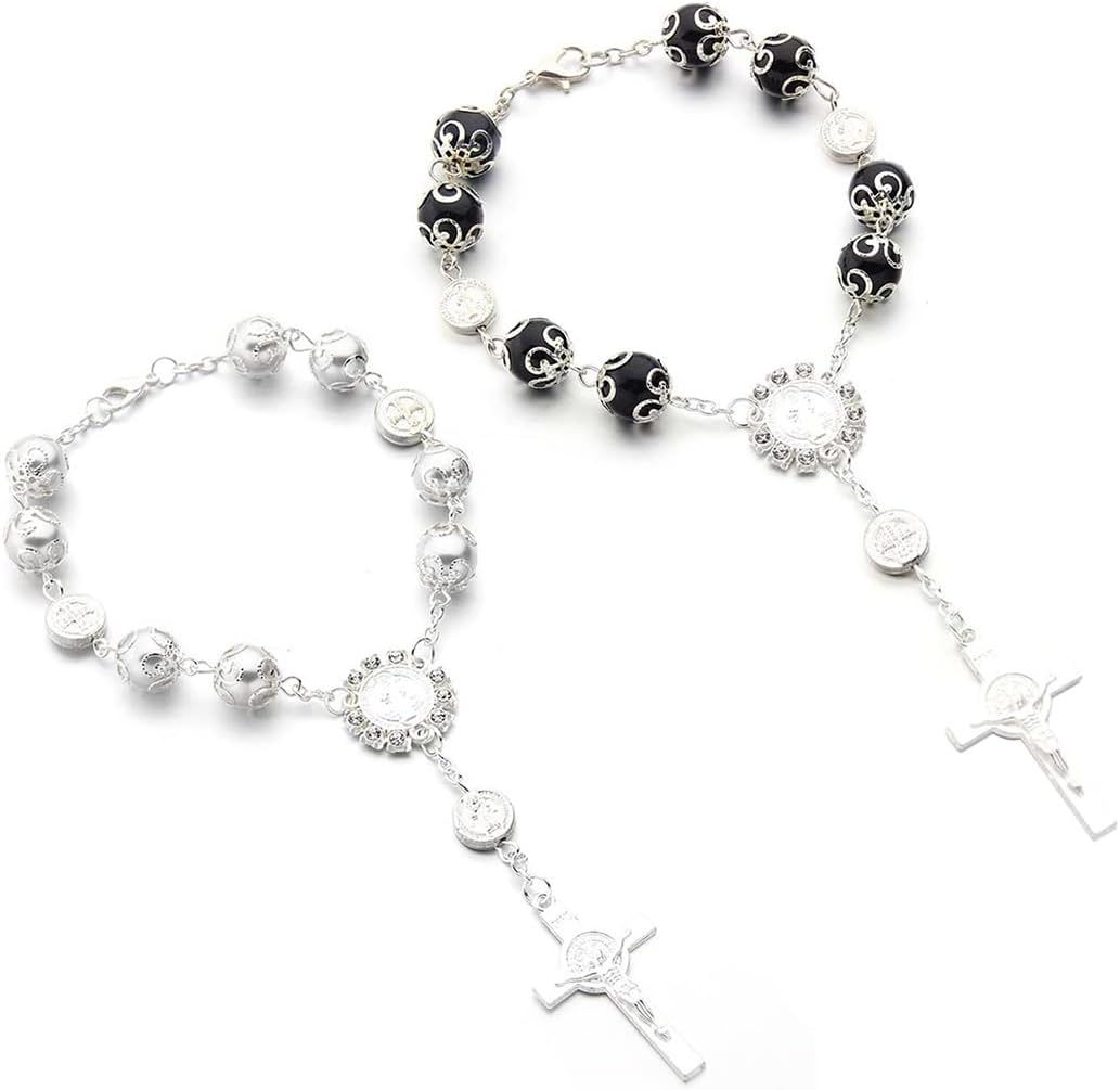 Car Rosary for Rearview Mirror, Personalized Rear View Cross Blessing Beads Decor, Auto Rearview Catholic Rosary Hanging Pendant, Interior Men Women Car Accessories (Pink) - Blue+Pink image number 7