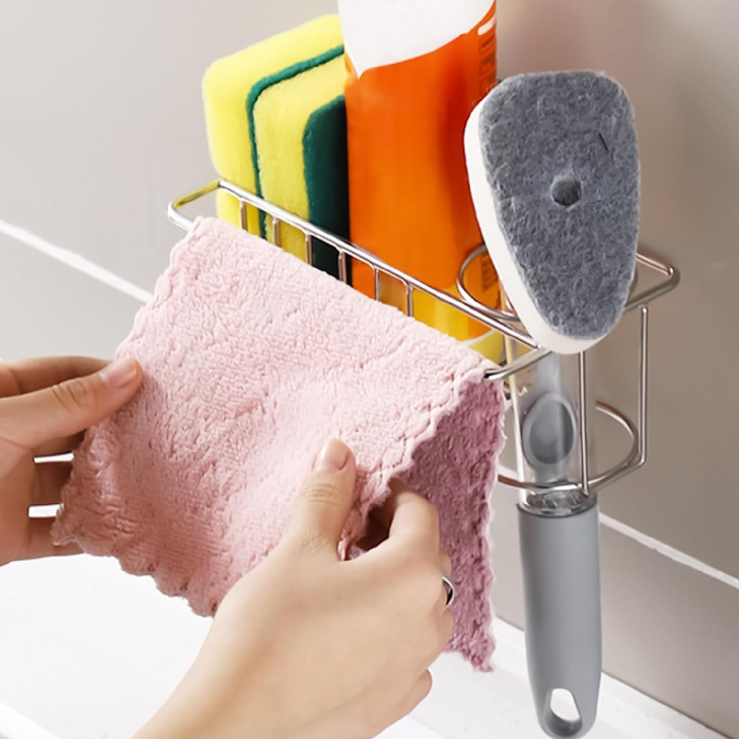 Sponge Rack for Kitchen Sink, Sink Rack Kitchen Sink Storage Box Stainless Steel, Sticky Dish Brush and Cloth Rack (With Nail Free Stickers) image number 5