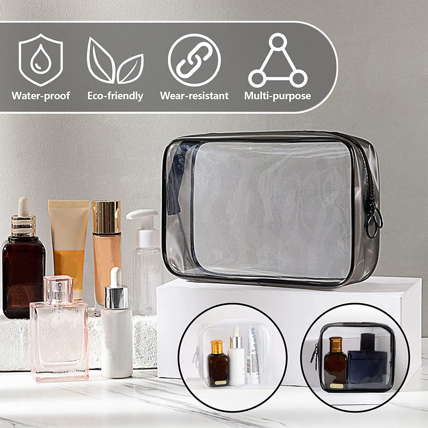 Set of 3 Clear Cosmetic Bags, Double Zipper Sliders Clear Travel Makeup Bags, Water Resistant Toiletry Bags, Portable Clear Pouches, Transparent Travel Pouch Bags (White)