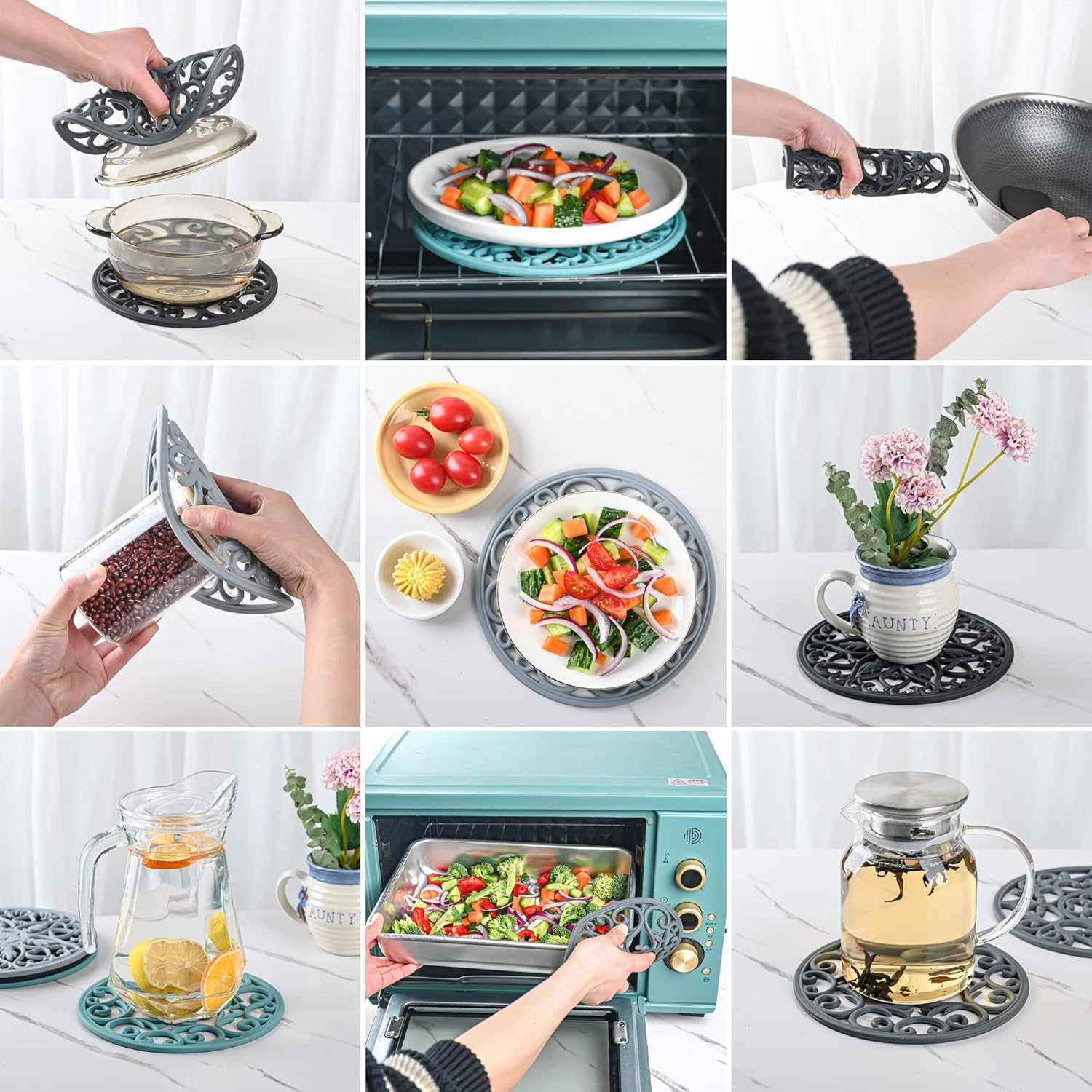 Trivets for Hot Dishes, Silicone Trivets Hot Pads for Pots and Pans, Carved Trivet for Kitchen, Multi Purpose Heat Resistant Mat, round Silicone Plate Mats Set 3 Black image number 5