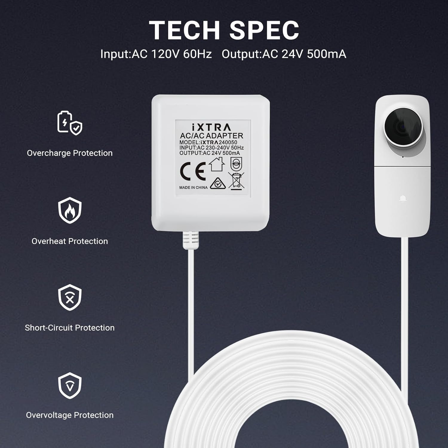 IXTRA Doorbell Transformer, 24V 500MA AC/AC Power Adapter for Ring Video Doorbell, 8M C Wire Adapter Compatible with Thermostat for Ecobee, Sensi and Honeywell, AU Plug 8M Long Cable,White image number 6