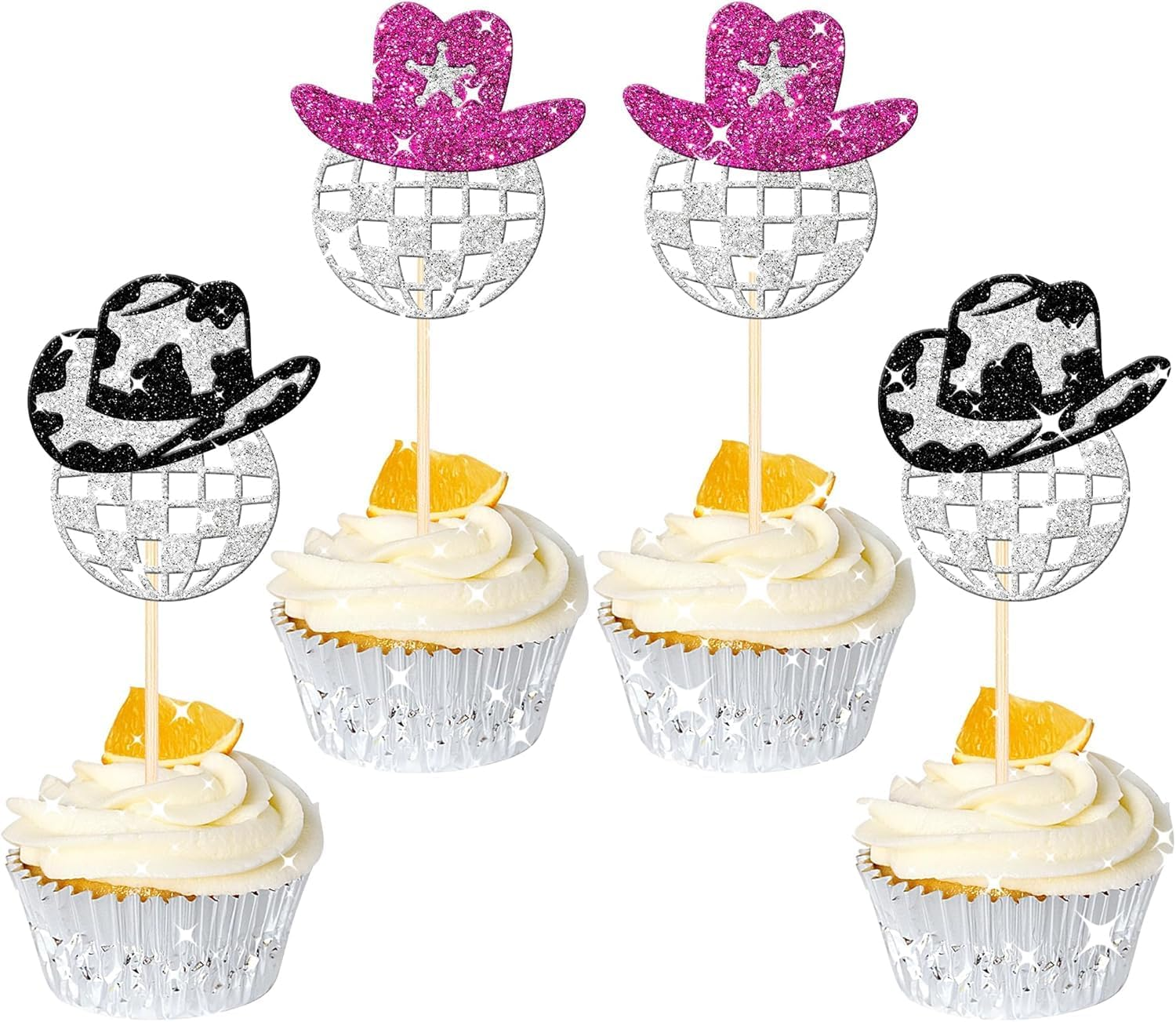 24 Pack Sparkling Disco Ball Cupcake Toppers Western Cowboy Hat Cupcake Picks Cowgirl 70S Disco Balls Cupcake Decorations for 1970S Music Disco Theme Birthday Party Cake Decorations Supplies (#1) image number 5
