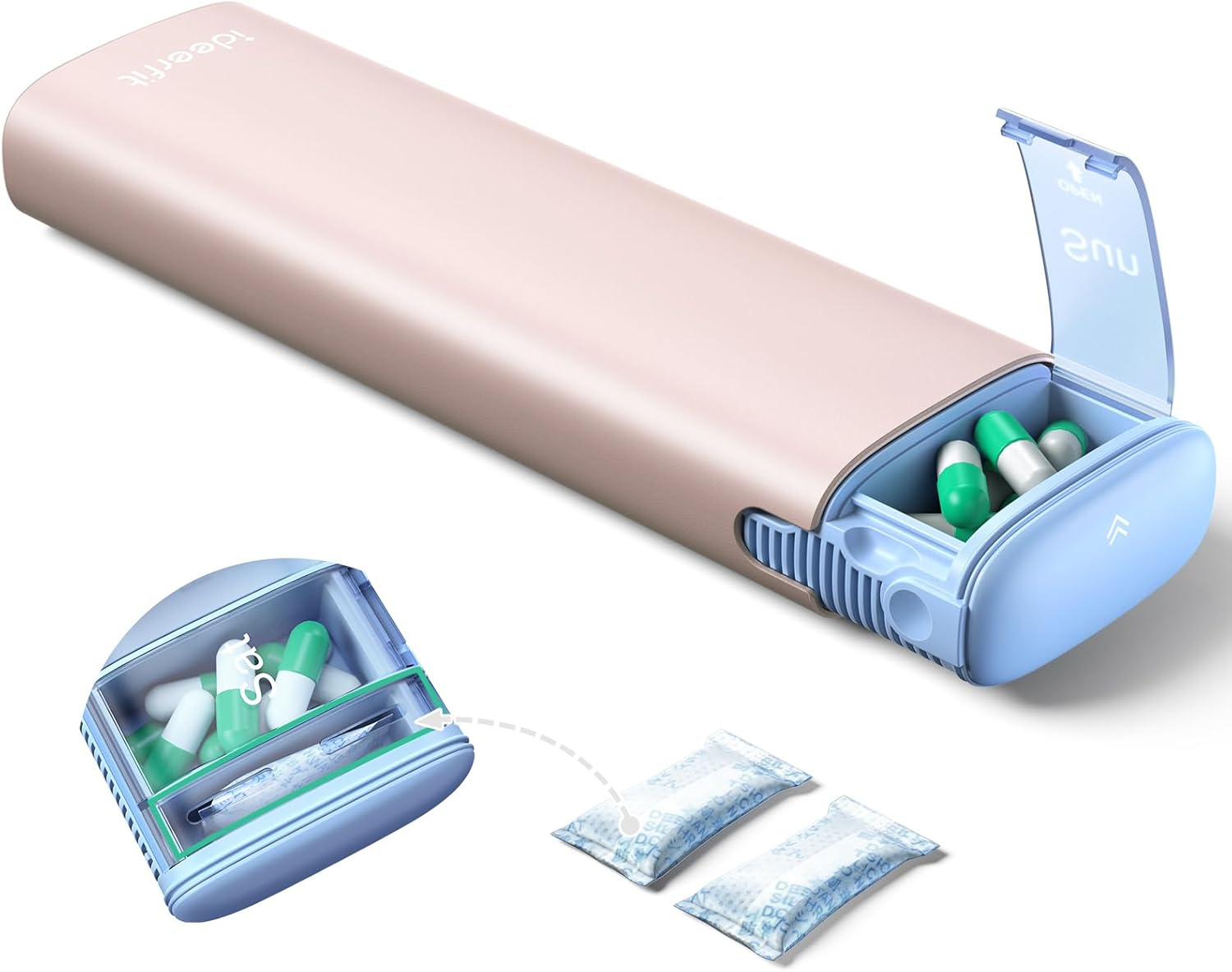 Weekly Travel Pill Organizer,Ideerfit Small Pill Box 7 Day,Portable Pill Case,Daily Medicine Box,Drawer Design Pill Container for Medication, Vitamins, Fish Oils, Supplements,Pink