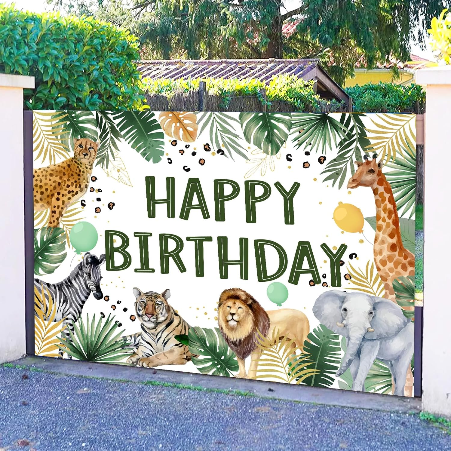 Wonmelody 7 * 5Ft Jungle Happy Birthday Backdrop Decor Safari Animal Zoo Theme Birthday Backdrop Banner Tropical Forest Backdrop with Lion Leopard Zebra Elephant for Boy 1St 3Rd 5Th Safari Birthday image number 2