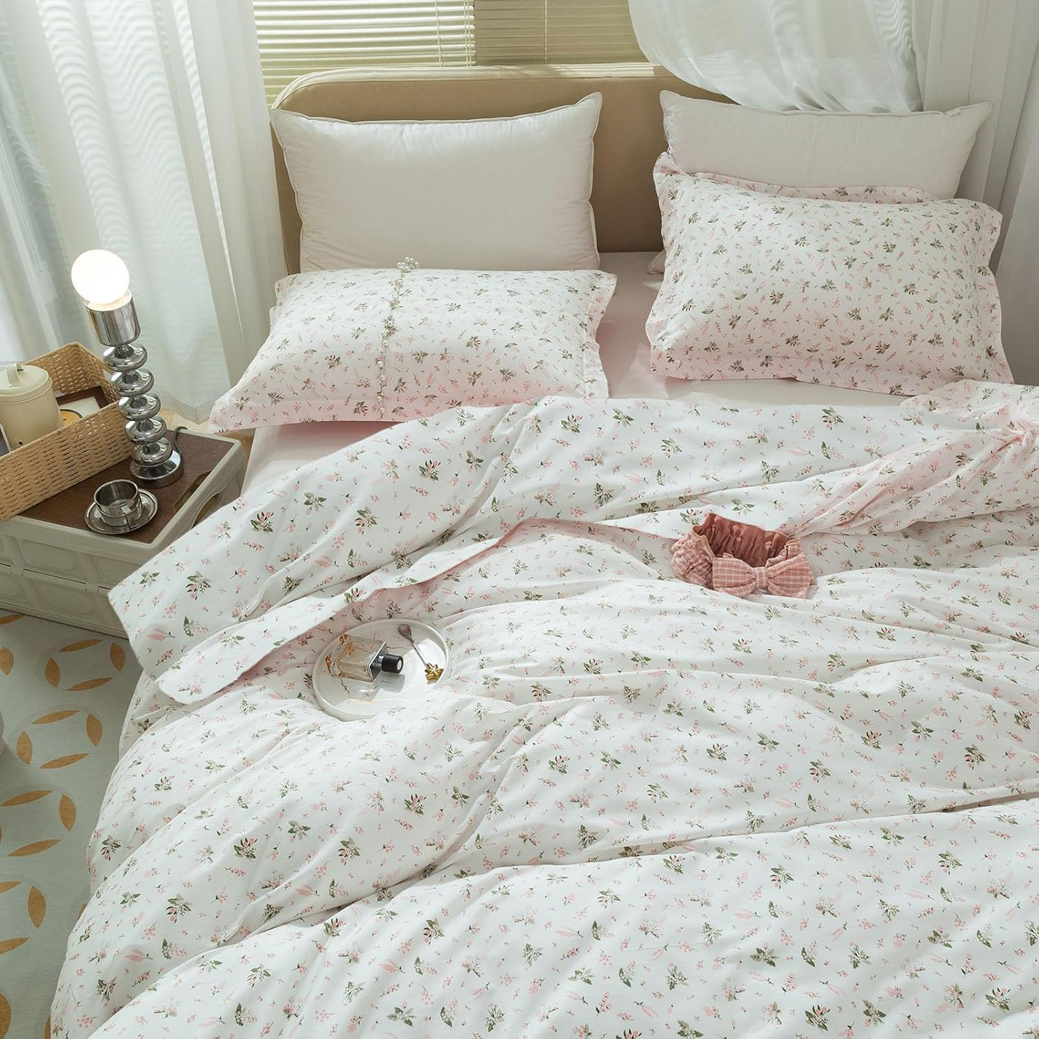 Full Comforter Set White Pink Floral Comforter Set Garden Style Flowers Bedding Comforter Set 3 Pieces Floral Bedding Sets for All Seasons Vintage Botanical Flowers Comforter with 2 Pillowcases image number 2