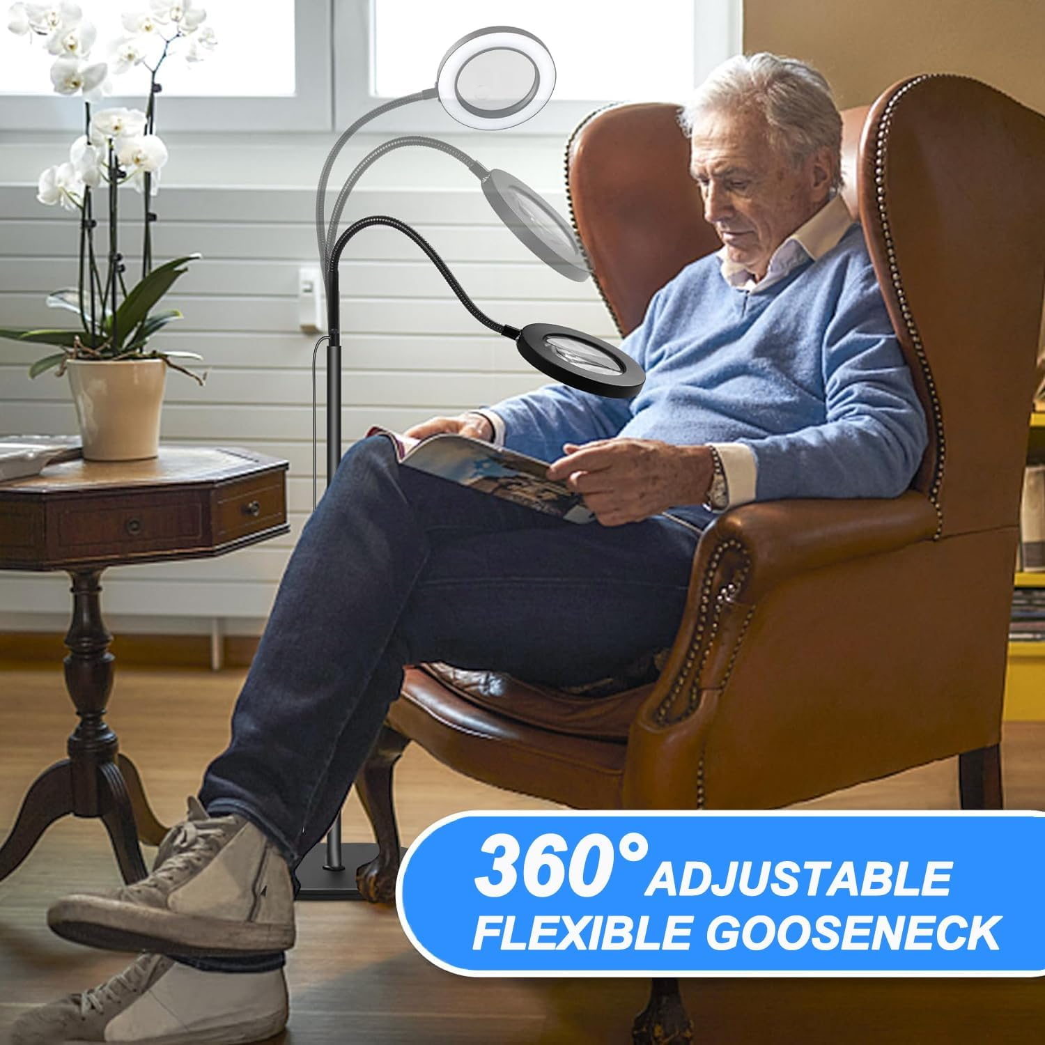 Magnifying Floor Lamp, 5X 10X Magnifying Glass with Light with 3 Color Modes and Dimmable Adjustable Brightness, 72 LED Gooseneck Standing Magnifying Glasses Lamp for Repair, Reading, Crafts