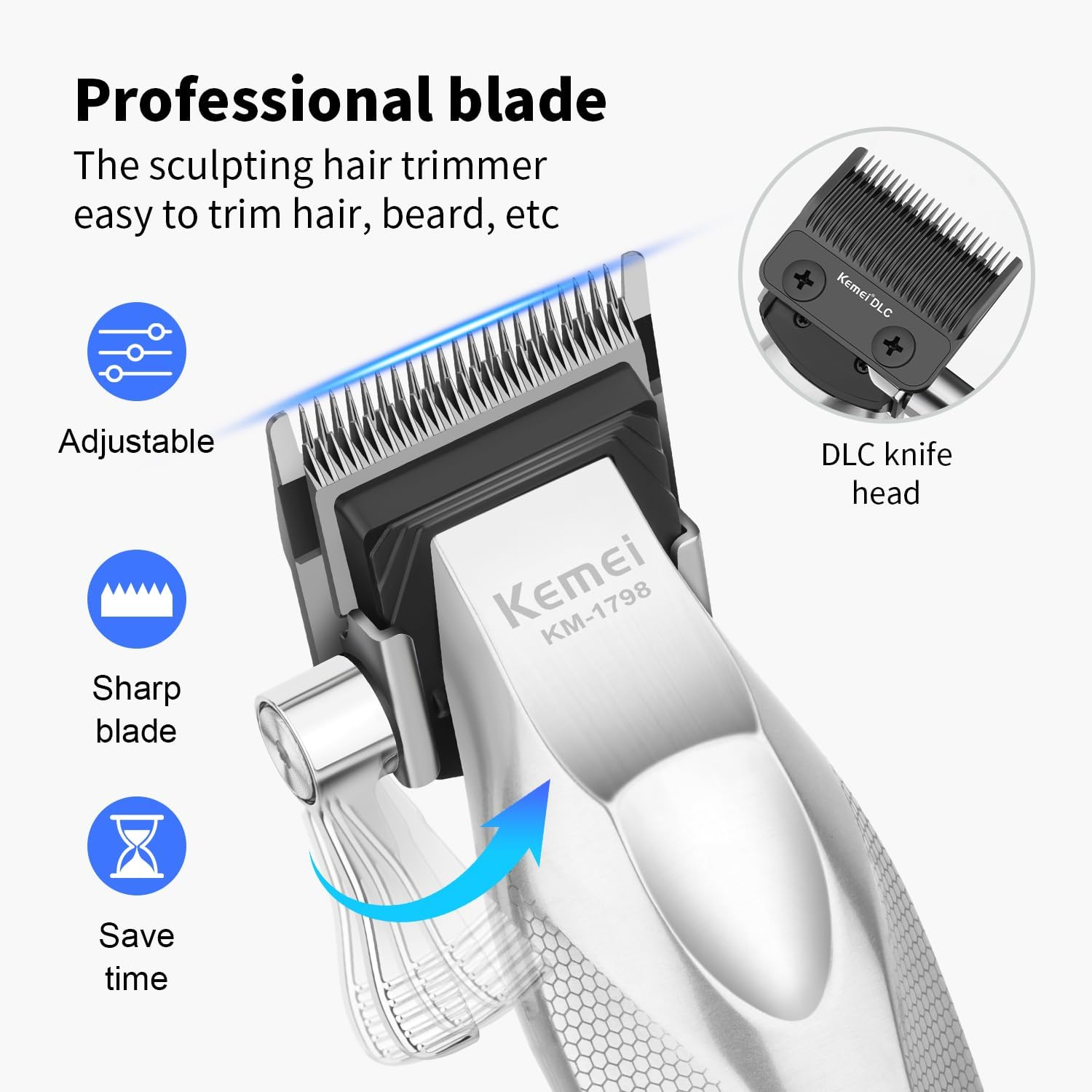 KEMEI KM-1798 Professional Hair Clipper for Men, Cordless Beard Trimmer, Barber Clippers with USB Rechargeable, Edgers, Fade Clipper, Gift for Men image number 6