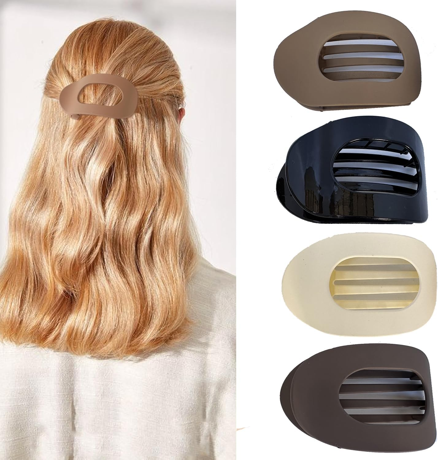 Tjhypenete 4Pcs Flat Hair Clips for Women, round Flat Hair Claw Clips, Strong Hold Lay down Hair Barrettes for Thick Thin Hair, French Duck Billed Hair Claw Clamps, Matte Large Alligator Hair Clips image number 1