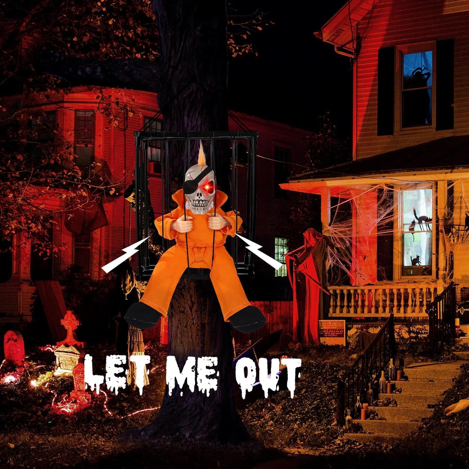 Screaming Animated Halloween Decorations, Halloween Decor Prop with Motion Sensor, Scary Skull Cage Prisoner Haunted House Decor, Spooky Hanging Ghost Eyes Glow Decorations image number 5