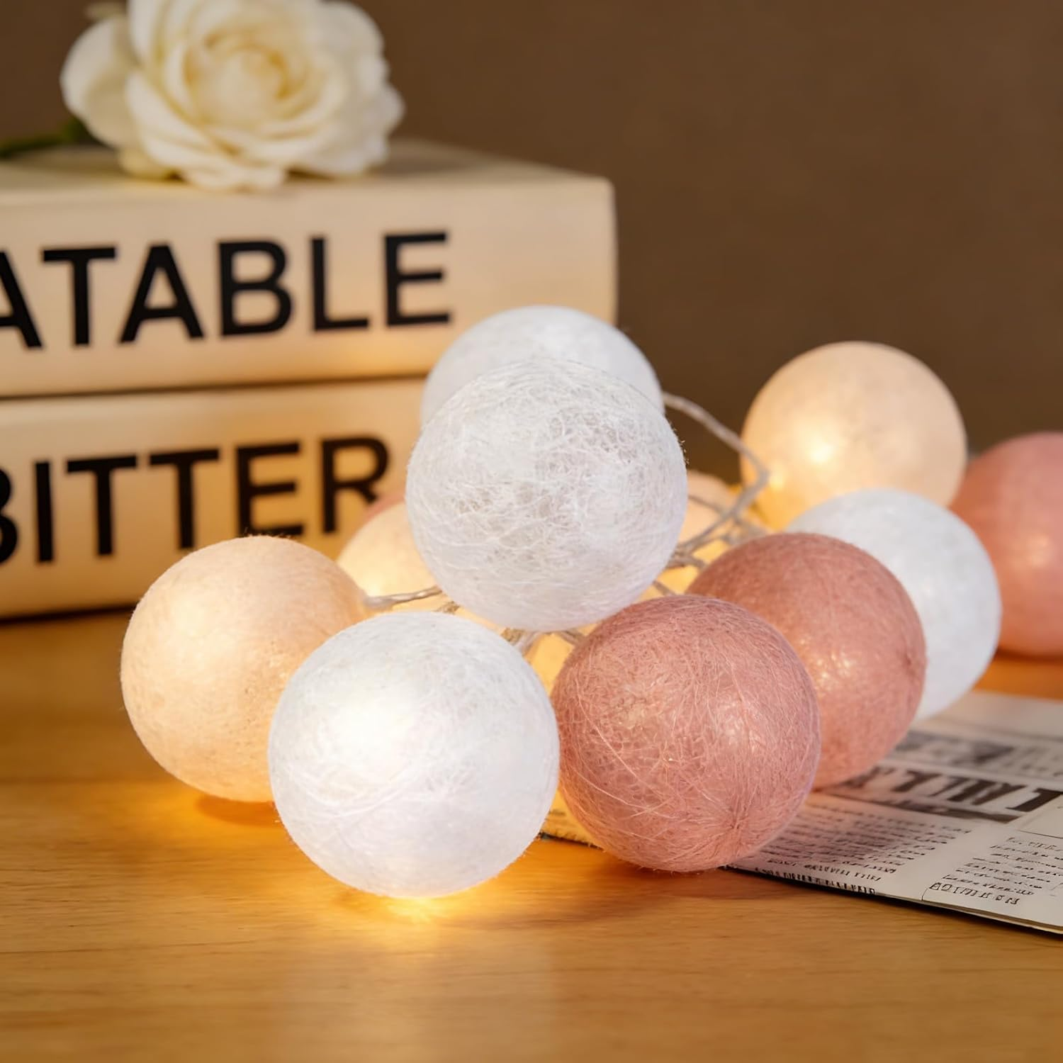 Alegre 3 M 20 LED Cotton Balls Fairy Lights Balls, 4 Cm Cotton Ball Fairy Lights Children'S Room Girls, Rose Gold Ball Fairy Lights Cotton Balls for Wedding, Room, Bedroom, Christmas Decoration image number 3