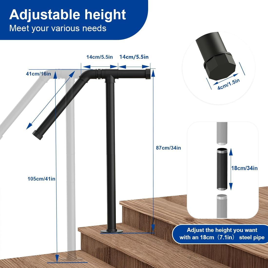 REASOR Outdoor Stair Railing Handrail for 1-2 Steps, Single Post Wrought Iron Rail for Concrete or Wooden Stairs, Black Powder Coated, 25Mm Diameter, Supports up to 100Kg image number 5