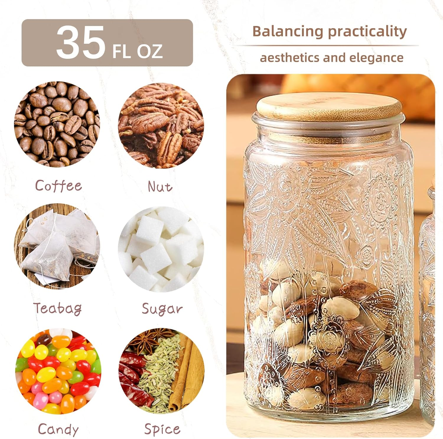 Glass Storage Jars with Airtight Lid, 35Oz Canister for Kitchen Counter with Bamboo Lid, Brown Sugar, Candy, Coffee, Cookie, Salt, Tea,Pantry Cute Jar image number 2
