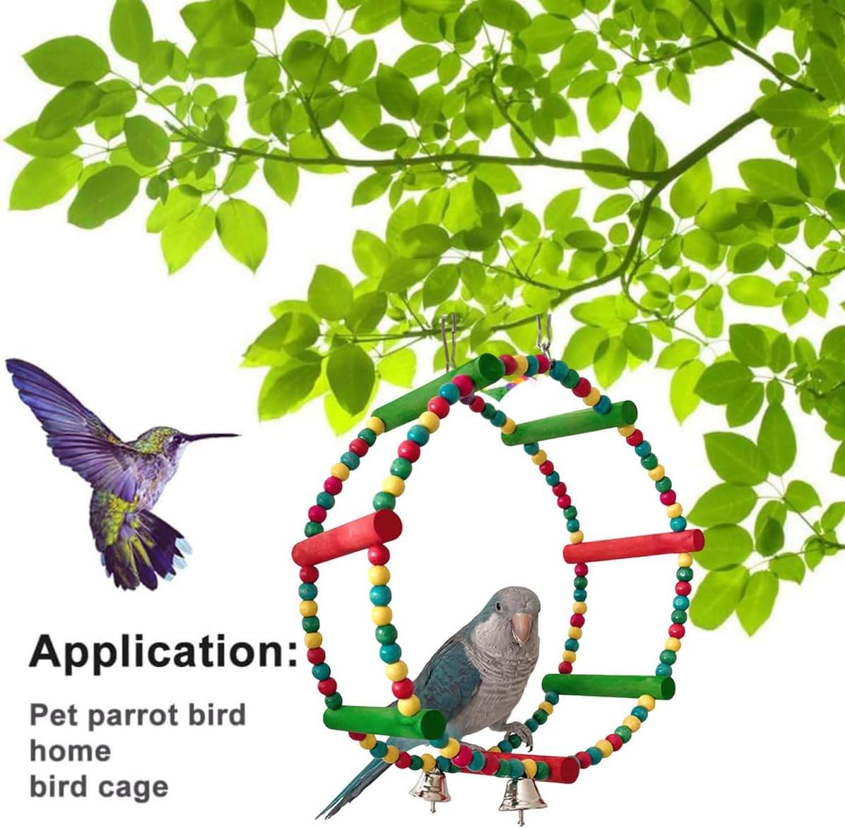 AIMALL Parrot Swing Wooden Bird Toy, 11.02&times;8.66In Multi-Functional Colorful Decorative Stand &ndash; Pine Wood with Bells for Parrot Cage, Bird Supplies image number 6