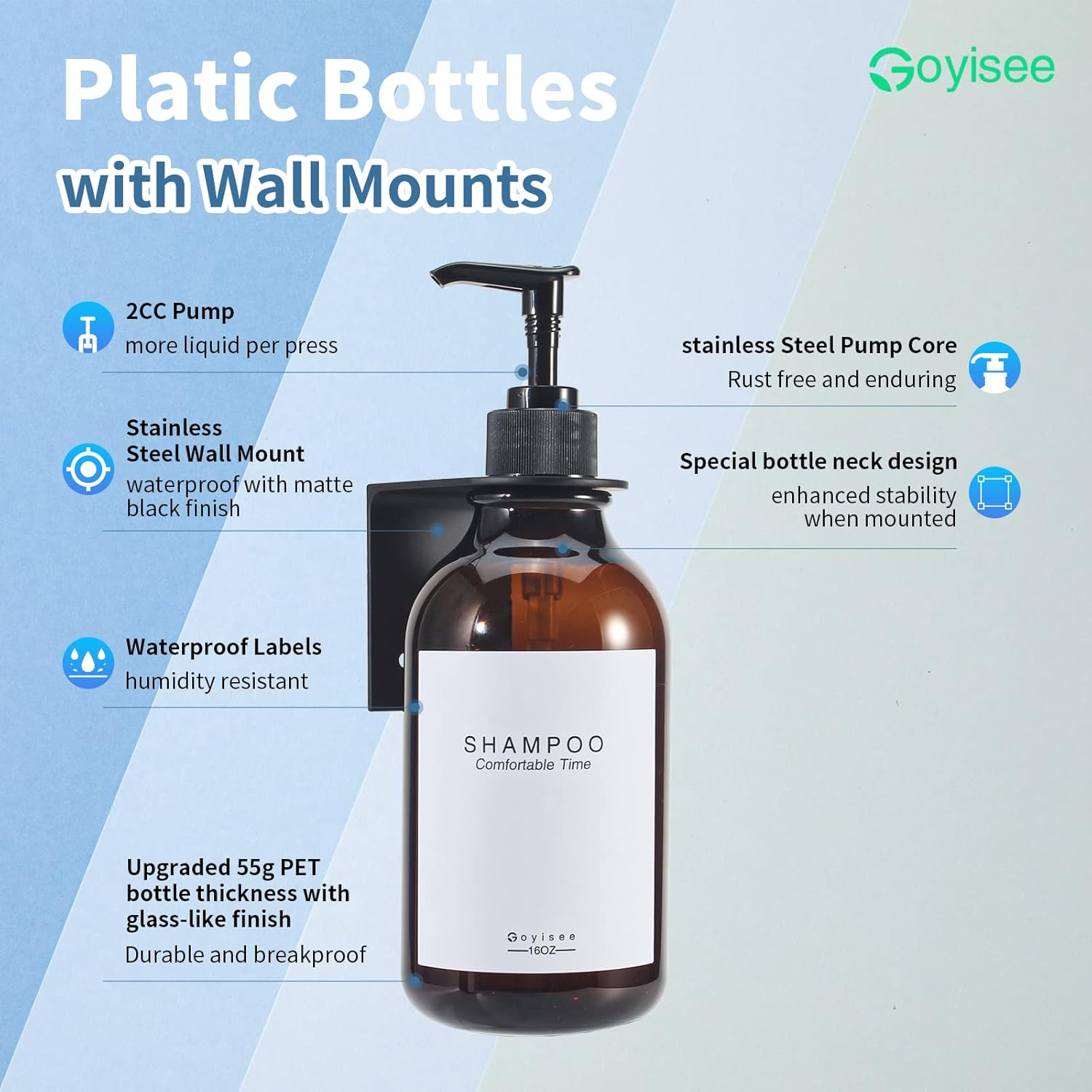 GOYISEE Shampoo and Conditioner Dispenser for Shower Wall, 3 Chamber, Refillable Bottles with 3 Wall Mounts, Waterproof Labels and Pumps (3 Bottles 3 Wall Mount-Brown) image number 4