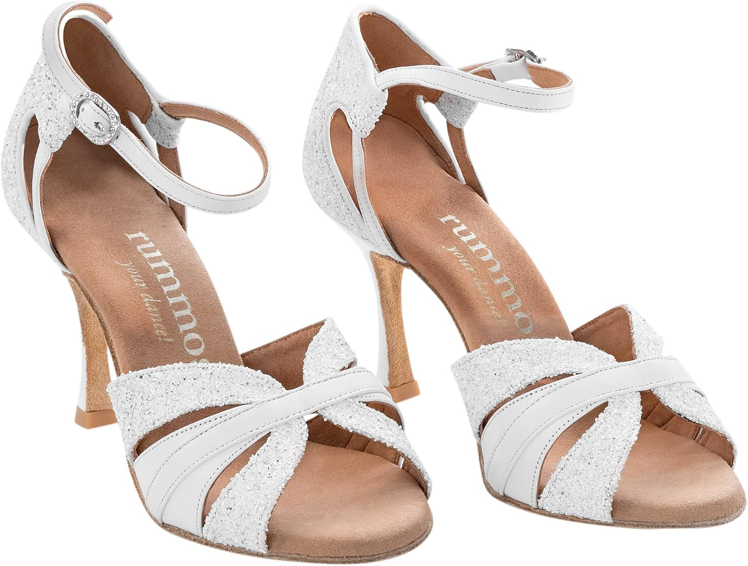Rummos Women'S Latin Dance Shoes Elite Aura 004/GS4 - Leather/Glitter White - Medium (Normal Width) - Heel: 7 Cm Flare Heel - Made in Portugal image number 3