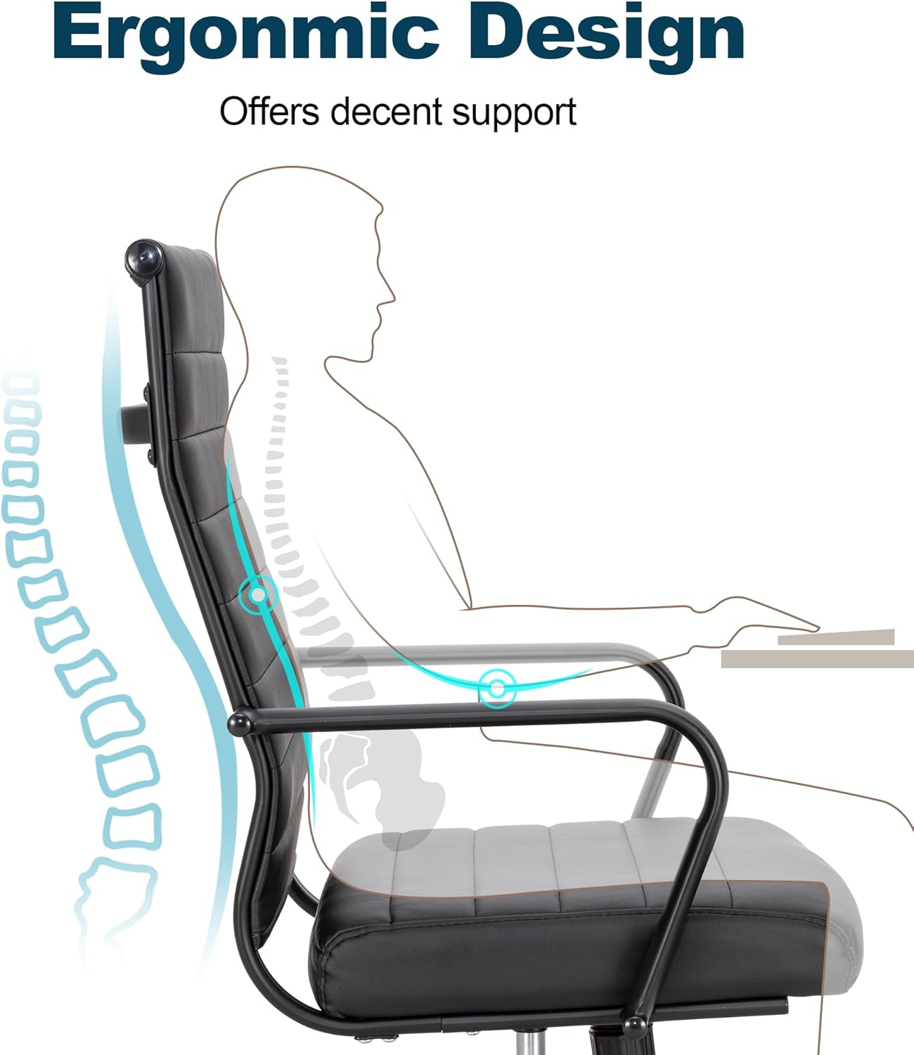 Okeysen Office Desk Chair, Ergonomic PU Leather Modern Conference Room Chairs, Executive Ribbed Height Adjustable Swivel Rolling Chair for Home Office (Black with Black Frame) image number 6