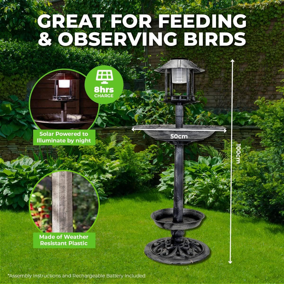 Garden Greens Solar Light Bird Bath with Feeder, 108 Cm X 50 Cm Size, Silver/Black