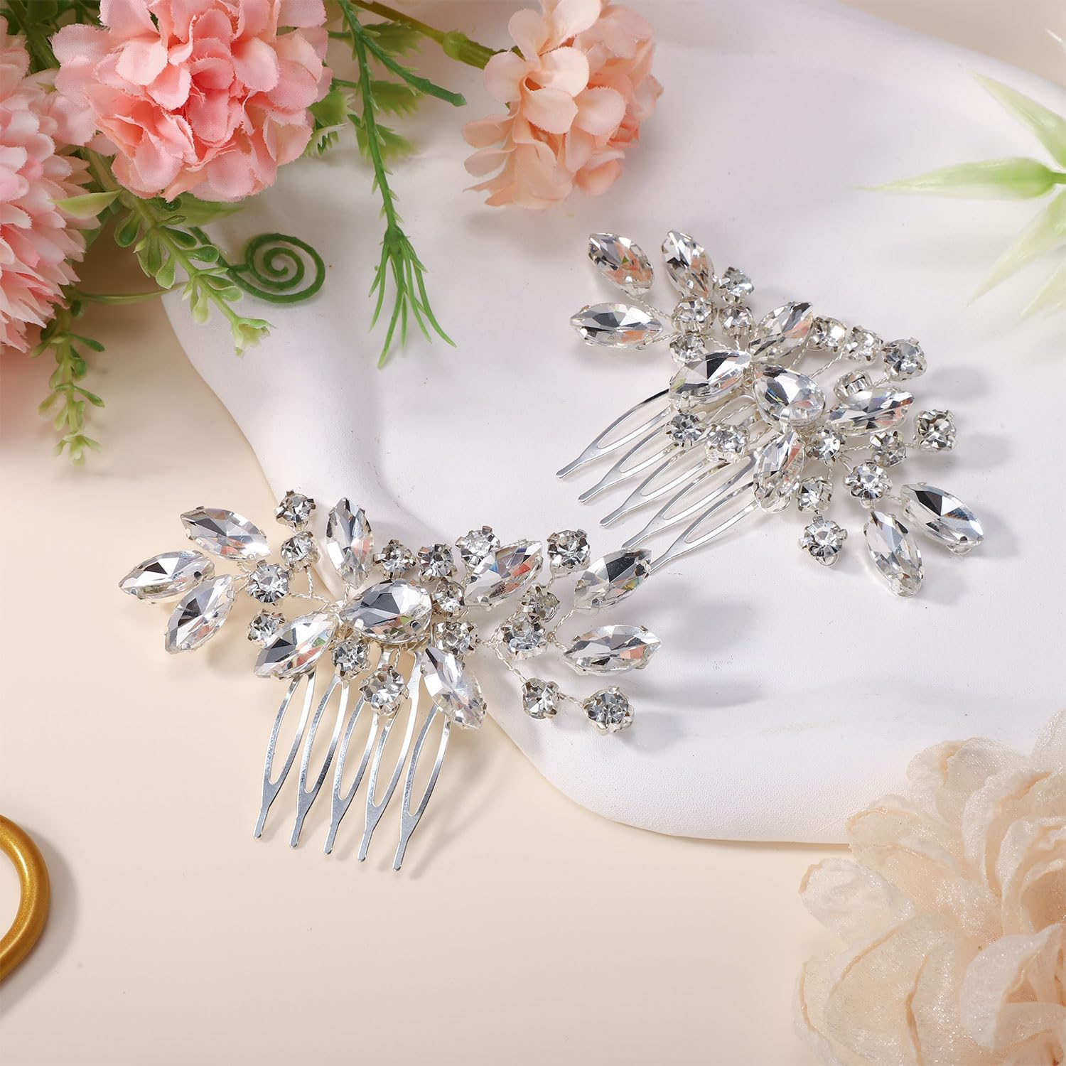 2Pcs Bridal Hair Comb, Silver Wedding Rhinestone Hair Comb Flower Crystal Hair Piece Bridal Headpieces Hair Accessories for Bride Bridesmaids Women Wedding Prom Engagement image number 6
